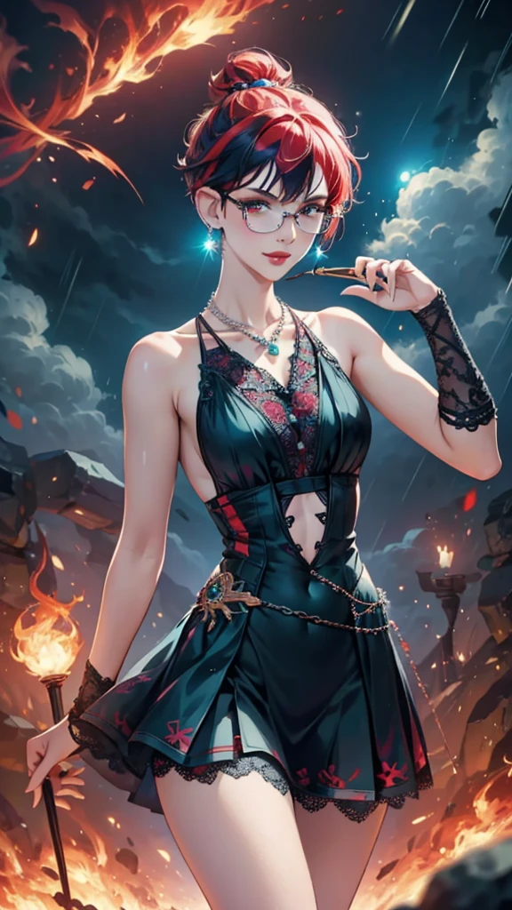 8k, masterpiece, best quality, highly detailed, 1 girl, tiefling, warlock, pixie cut, multicolored hair, very short straight hair, red highlight hair on white hair, strippled hair, wearing glasses, round glasses, earrings, navel piercing, red eyeshadow, long eyelashes, blushed cheek, red lips, pearl necklace, rings, collarbone, mole on face, glamorous, teal and black clothes, sleeveless, miniskirt, laced dress, smirk, close up view, rings, looking at viewer, standing, stromy, rain, heavy weather, casting spells.