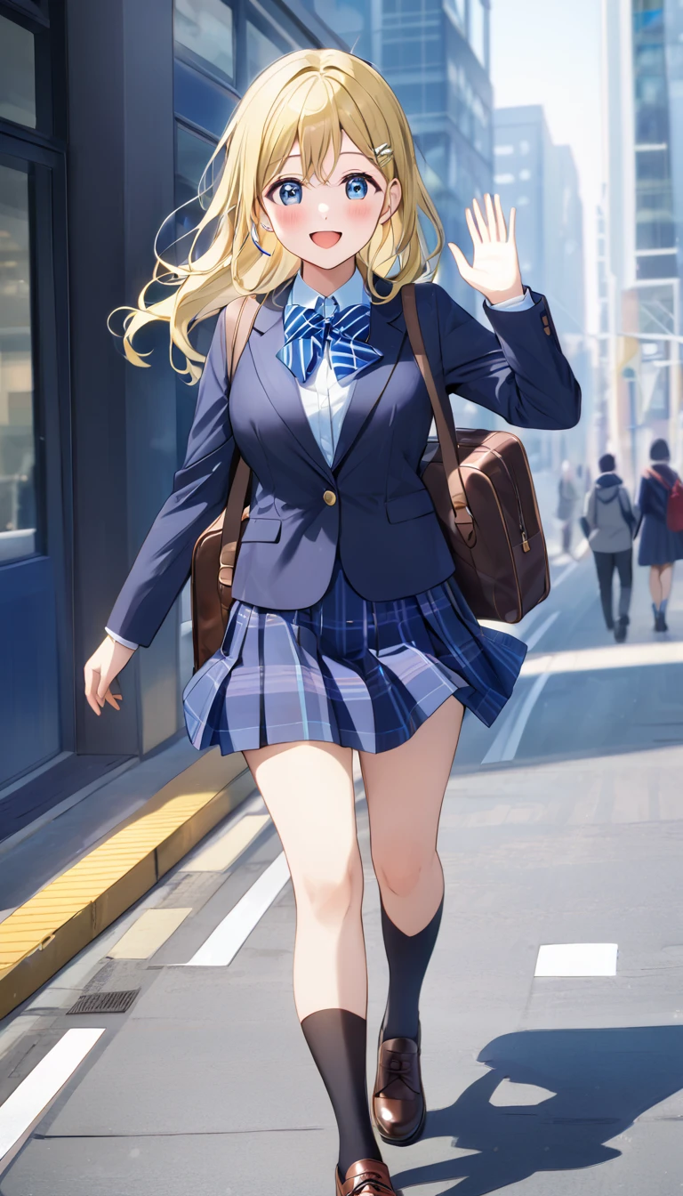 best quality, masterpiece, highres, solo,{ayase_arisa_lovelive:1.15}, blonde_hair, blue_eyes, long_hair, hair_ornament, blush, hairclip, smile, otonokizaka school uniform,winter uniform, striped bow tie, navy blue blazer, blue striped skirt, open mouth,walking, school commute,waving,morning