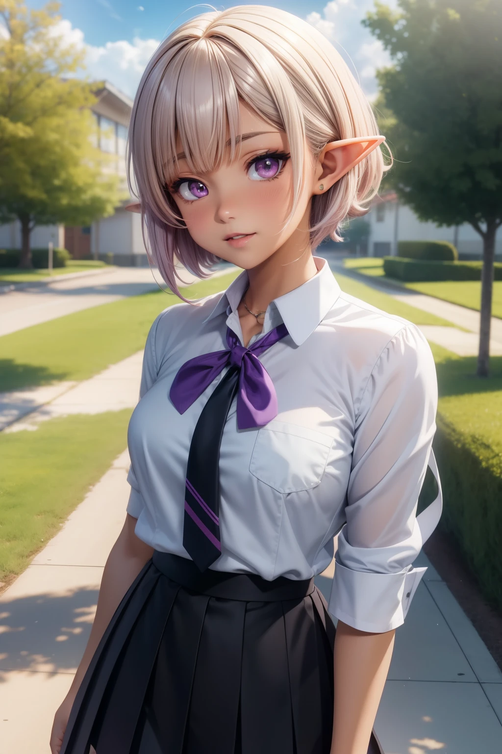 A tanned gyaru elf girl with purple eyes, color contacts and white short hair, gyaru style, school uniform, white collared shirt, ribbon tie, black pleated skirt, in a school yard, (best quality,4k,8k,highres,masterpiece:1.2), school scenery, bright lighting, vibrant colors, soft focus, anime style, gyaru accessories