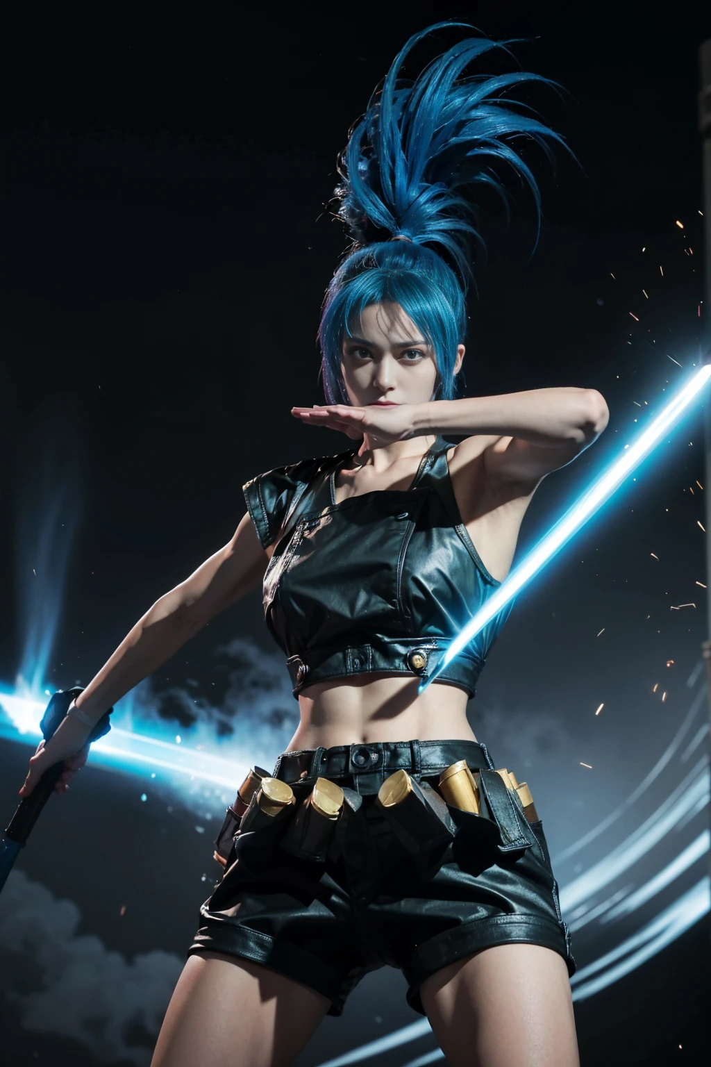 Leona Heidern, a prominent character from the King of Fighters series, standing tall and majestic, her usually blue hair transformed into a fiery red hue. Her hair has taken on a more dynamic form, with spikes now adorning her ponytail that sweeps dramatically over her left shoulder. Her once damaged and disfigured hand is now a symbol of power and beauty. Where there was once ugliness, she has grown a new, unblemished finger, which she now uses to pull out an energy sword that was previously embedded in her palm. The energy sword, a glowing blue blade, emerges effortlessly from her now-perfect hand as she extends her arm forward. Her intense gaze is focused on the viewer, filled with determination and the promise of unyielding combat prowess. The transformation from a moment of weakness to one of strength is palpable, as the light from the energy sword reflects off her gleaming armor, highlighting the sharp angles and intricate details of her attire. The background is a blur of movement, suggesting a battle-worn stage, which she now stands victorious upon. Her stance is strong and her grip on the sword firm, as if daring any challenger to approach. The overall visual is a striking contrast of vibrant colors, from the red of her hair to the blue of the energy sword, symbolizing the powerful metamorphosis she has undergone.