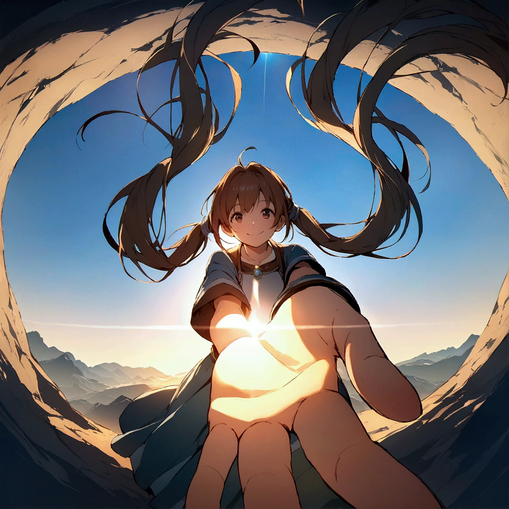 Hairstyle: Long twin tails、Background is sky、High image quality、Reaching out、Atmospheric Perspective、Lens Flare、blue sky、smile