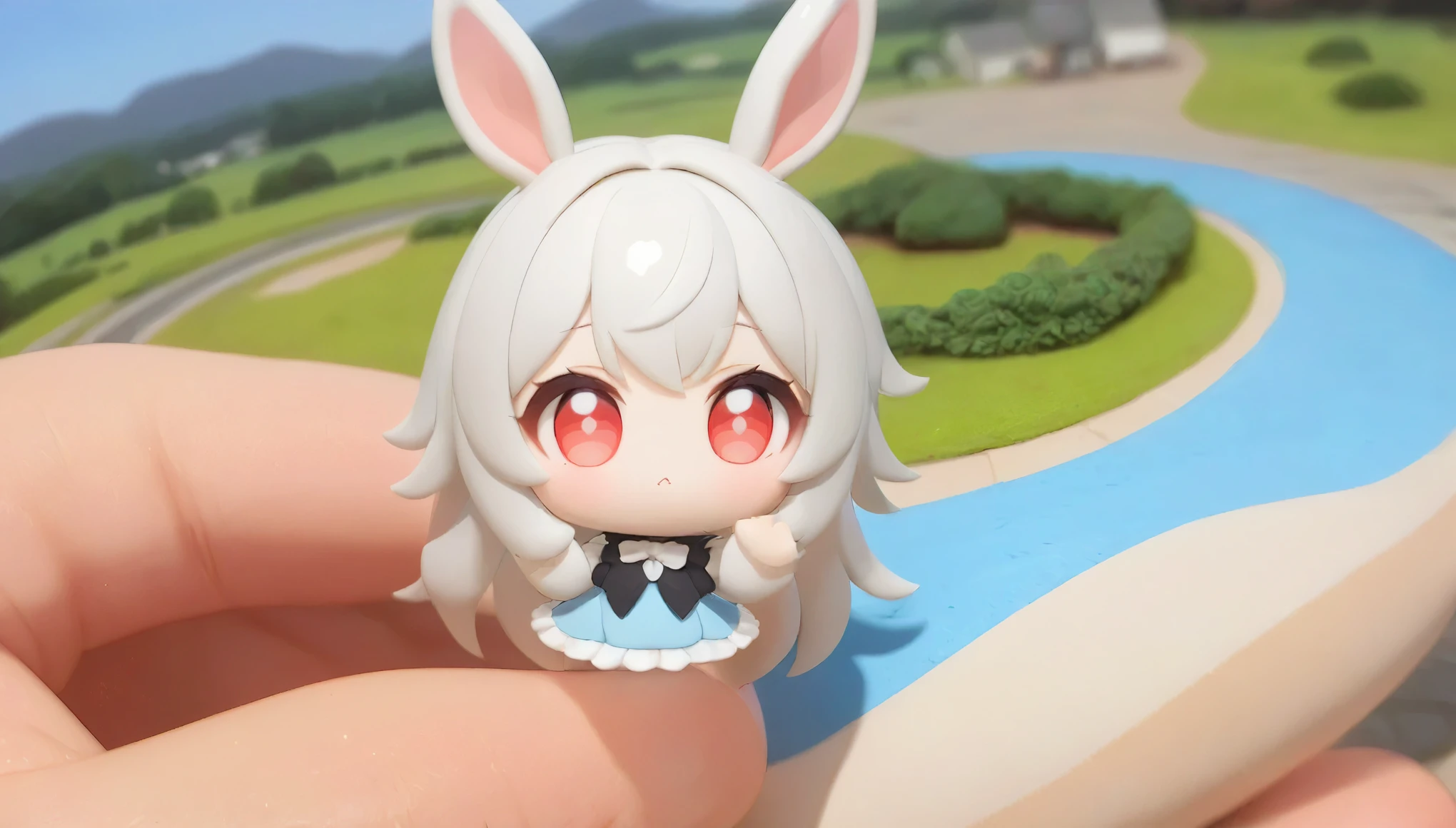 8k,wallpaper of extremely detailed CG unit, ​masterpiece, high resolution, top-quality, top-quality real texture skin, hyper realistic, digital painting, increase the resolution, RAW photos, best quality, highly detailed, the wallpaper, BREAK ,solo,1girl\((chibi:1.5),cute,kawaii,(white hair:1.4),(very long hair:1.6),bangs,(ear\(fluffy,white,rabbit-ear\):1.4),red eye,big eye,beautiful shiny eye,skin color white,big hairbow,(white frilled dress:1.3),breast,cute pose,(clay:1.3)\),background\(some roses,by the beautiful lake,beautiful sunny day\),(clay animation:1.3),3d,oily,(landscape:1.3),(dioramatic:1.3),(long shot:1.3), wide angle lens,from above