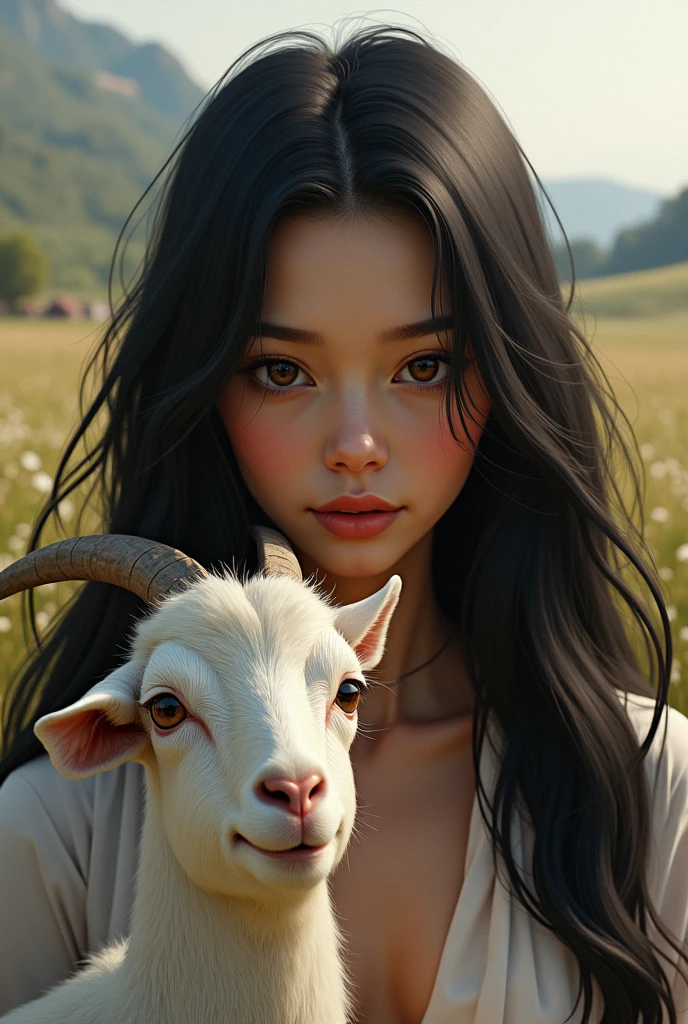 Surreal nude portrait of a humanoid figure with a stylized head, artistic sheep, complete with detailed, Curling Horns, standing right on a green serene field. Ideal female body, topless, depicted in realistic style. The scene should evoke a sense of whimsical fantasy with a hyper-realistic art style., focusing on the contrast of textures between human fur and skin.