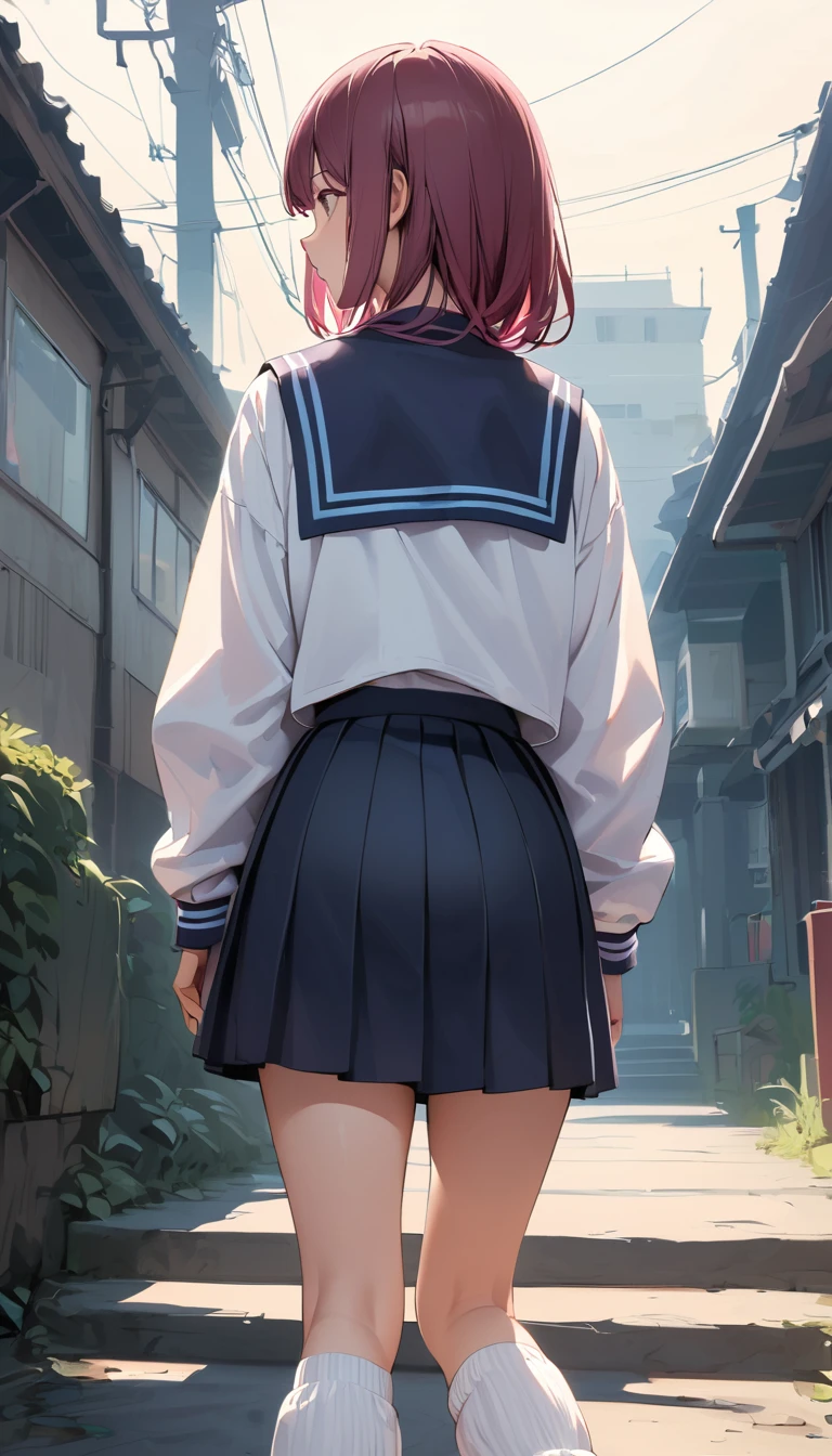 Back view of legs、Focus on the back of the knee、Realistic background of the back of the knee、Baggy socks、White loose socks、School uniform、