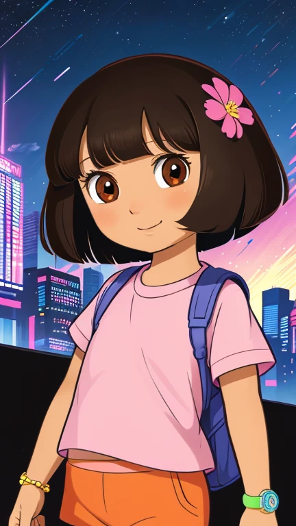 (1girl, solo, highly insanely detailed, masterpiece, top quality, best quality, highres, 4k, 8k, RAW photo),((innocent look)),((Childish)),From the front, symmetrical composition,smile,cute,Innocent,Kind eyes,Flat chest, (Osamu Tezuka style), (cyberpunk), night, neon light city, solo, Dora,  brown eyes, flower, dark-skinned female, (tan), bob cut, pink shirt, orange shorts, bracelet, backpack,