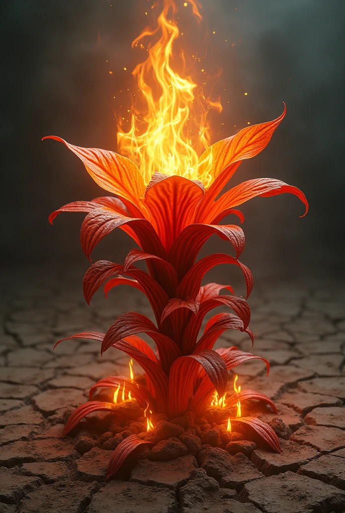 a magical plant with leaves that constantly emit a warm, orange glow, as though they are perpetually aflame and is immune to fire and can thrive in the most inhospitable, fiery environments