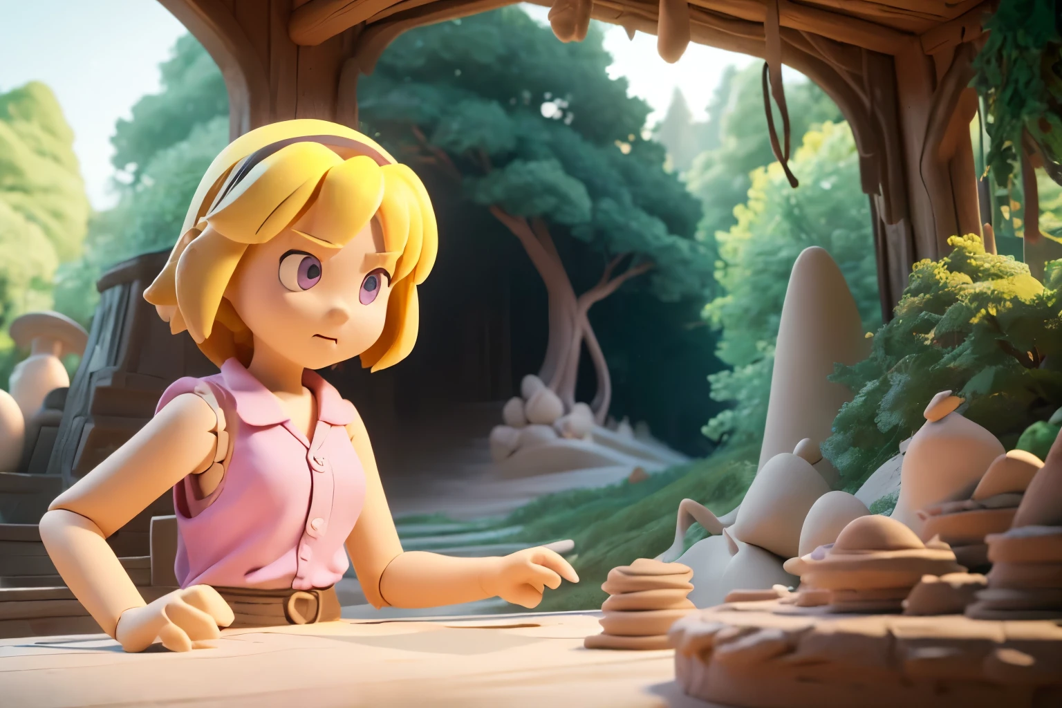 (((Clay animation)))、1 female, Alone, (Satoko Hojo), woman, alone, Yellow Hair, Blonde, Purple eyes, short hair, hair band, Flat Chest, １１age, Collared shirt,Sleeveless shirt,(Pink Shirt), White belt, Denim shorts,, Lush forest, Beautiful riverside, blue sky, Sunshine pours down,