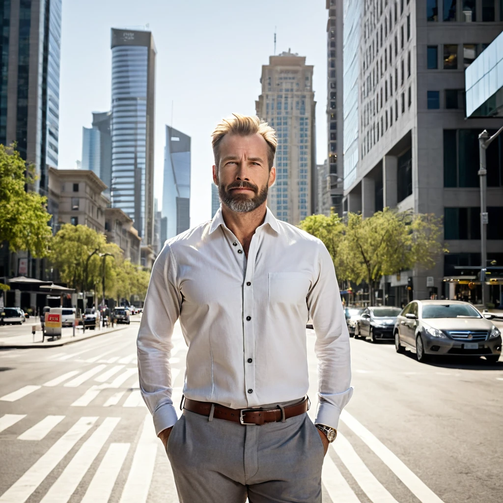 A 35-40 year old Caucasian man, standing confidently in a bustling modern city street, wearing a crisp white button-up shirt and grey trousers, with neatly combed short hair and a light beard. The cityscape background features tall glass skyscrapers and busy streets with cars and pedestrians. The man has a strong, confident posture, with his hands casually in his pockets, showing natural hand positioning. The sunlight casts soft, dynamic shadows on his face and body, enhancing the realistic lighting. The shirt shows subtle fabric details, realistic creases and wrinkles, with soft reflections of sunlight on the fabric. His facial expression is calm yet confident, with subtle facial shadows adding depth. Photorealistic skin textures, realistic body posture, and soft sunlight enhance the overall composition. The scene has a cinematic feel, with a perfect blend of urban environment and natural lighting, fine fabric details, realistic creases and wrinkles on clothing, soft sunlight reflections on fabric, photorealistic shading on skin and clothing, subtle facial shadows, dynamic lighting, natural hand positioning, and realistic body posture.