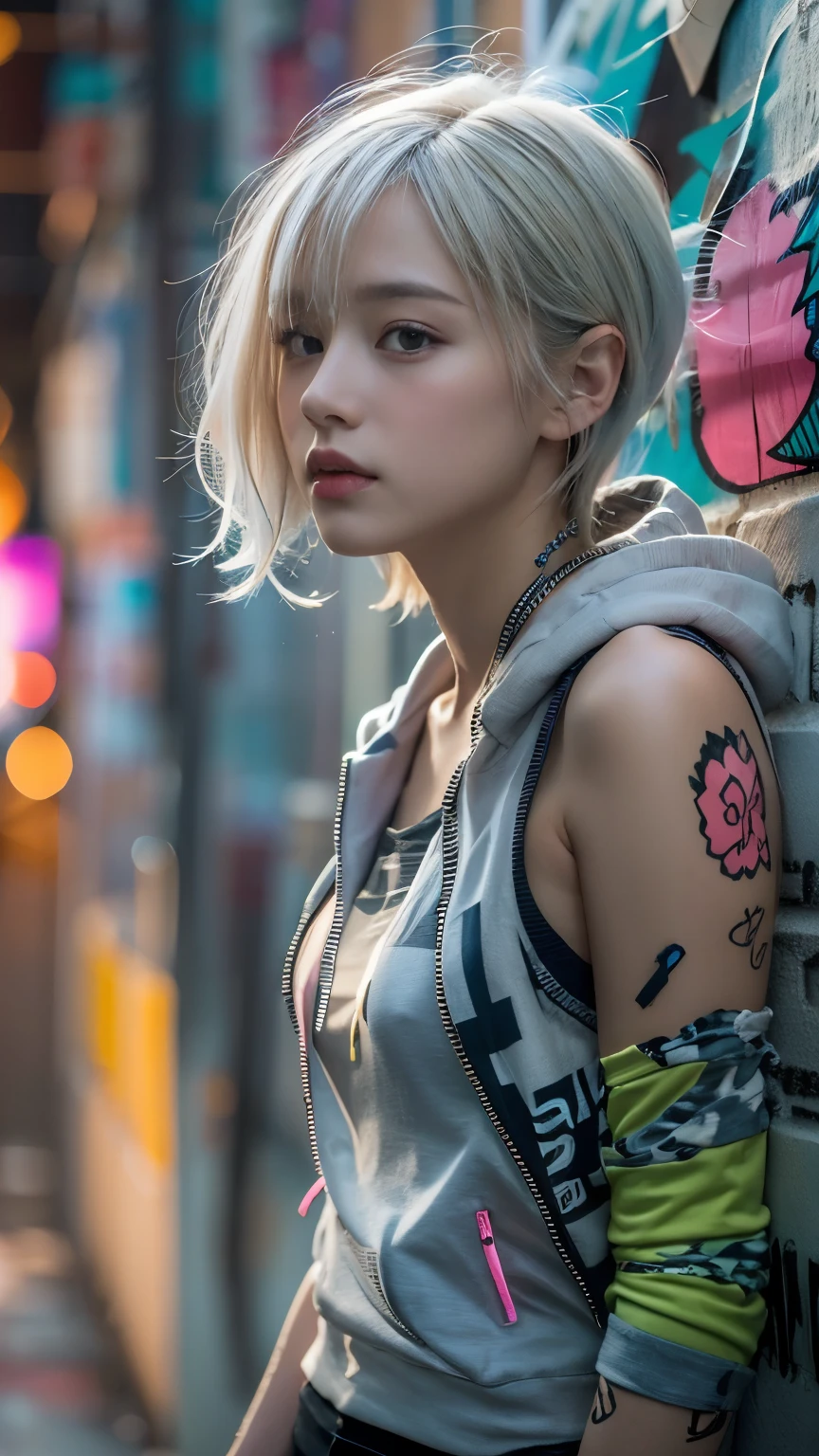 masterpiece, Highest quality, Very detailed, 8k, Realistic, One Girl, alone, Tomboy, Very detailed face, (head shot:1.5), Standing in front of a wall covered in hip hop graffiti, Cyberpunk neon cityscape,Pixie cut white hair, She is wearing a short neon tank top and an open hoodie....,I can see your chest,Nice ass,