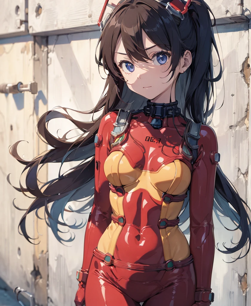 ((masterpiece,best quality, detailed)), against wall, souryuu asuka langley, test plugsuit,front zipper, unzipped:1.5、へそ),full body,