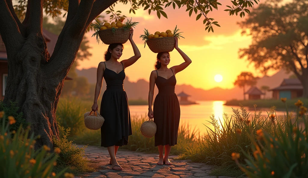 (masterpiece, best quality:1.4), (beautiful, aesthetic, perfect, finely, delicate, intricate:1.2), (cute, adorable), 4k, 8k hdr, octane render, unreal engine, unity, (depth of field:1.2), (realistic:1.3), cinematic shot, natural lighting, (2girls, couple, two women walking side by side:1.4), (ebony:1.4), (black skin:1.4), (ebony:1.4), perfect female form, (perfect face, detailed face, full lips, glossy lips, blush, eyeliner, expressive eyes), (long straight dark brown hair with bangs), (natural breasts, narrow waists), beautiful and aesthetic, seductive, alluring, golden eyes, unfortunate face, (nice leg line:1.3), thick thighs, thin waist, orange dress, orange ruffle wrap dress, flower print on dress, espadrille wedges, tassel earrings, picnic basket, beaded bracelet set, a path through a dense bamboo forest, looking at viewer, standing, (cowboy shot),