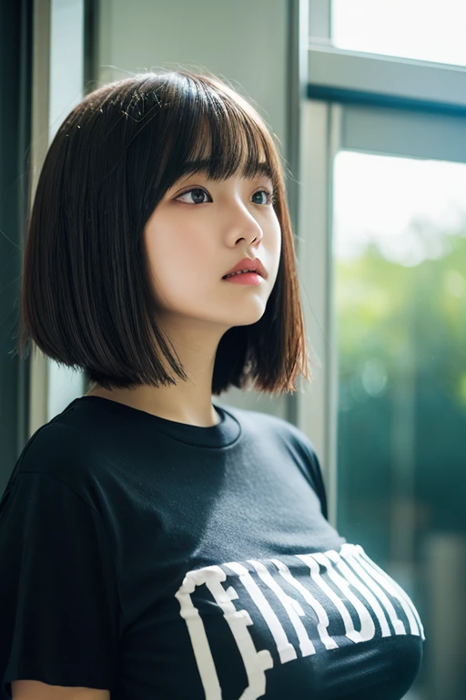 **** girl, Black bob cut, oversized T-shirts, ((huge breasts)), looking away, upper body, Subdued lighting effect