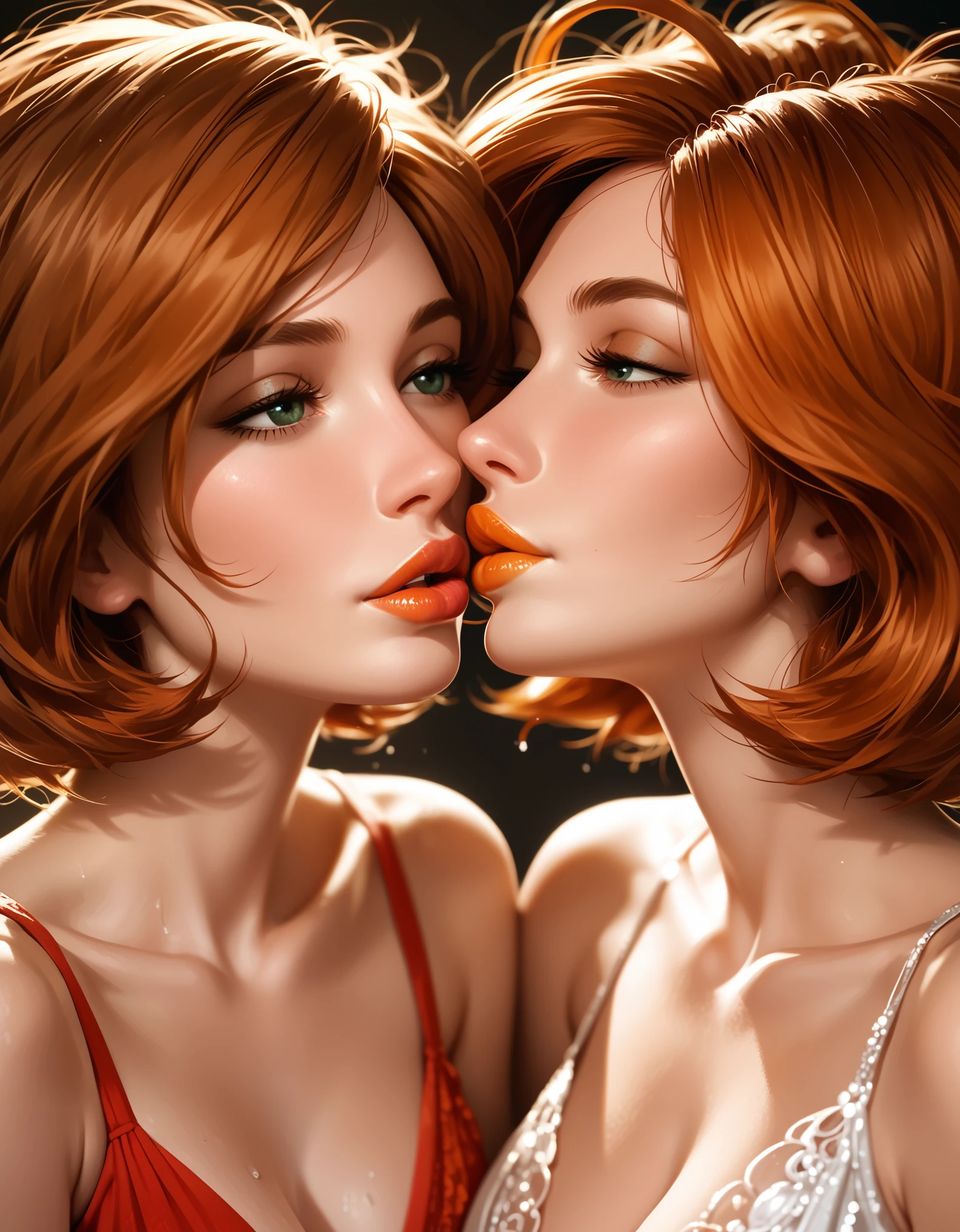 score_9, score_8_up, score_7_up, rating_questionable, epiCPhoto, 2girls, duo, couple, yuri, very sexy (Aunt Cass, brown hair, messy hair, short hair:1.2), and (annpossible, orange-red hair, short hair:1.3), (focus on lips, after the kiss, lips close together:1.5), beautiful, graceful, elegant, beautiful scene, soft romantic lighting, in love, loving look on their faces, flirt, gaze, sexy look, half-closed eyes, head tilt, filled lips, thick lips, makeup, dark, moody, (dimly lit:1.4), face portrait, close-up shot, highly detailed, sexy scene, absurdres, 4k, masterpiece, best quality.