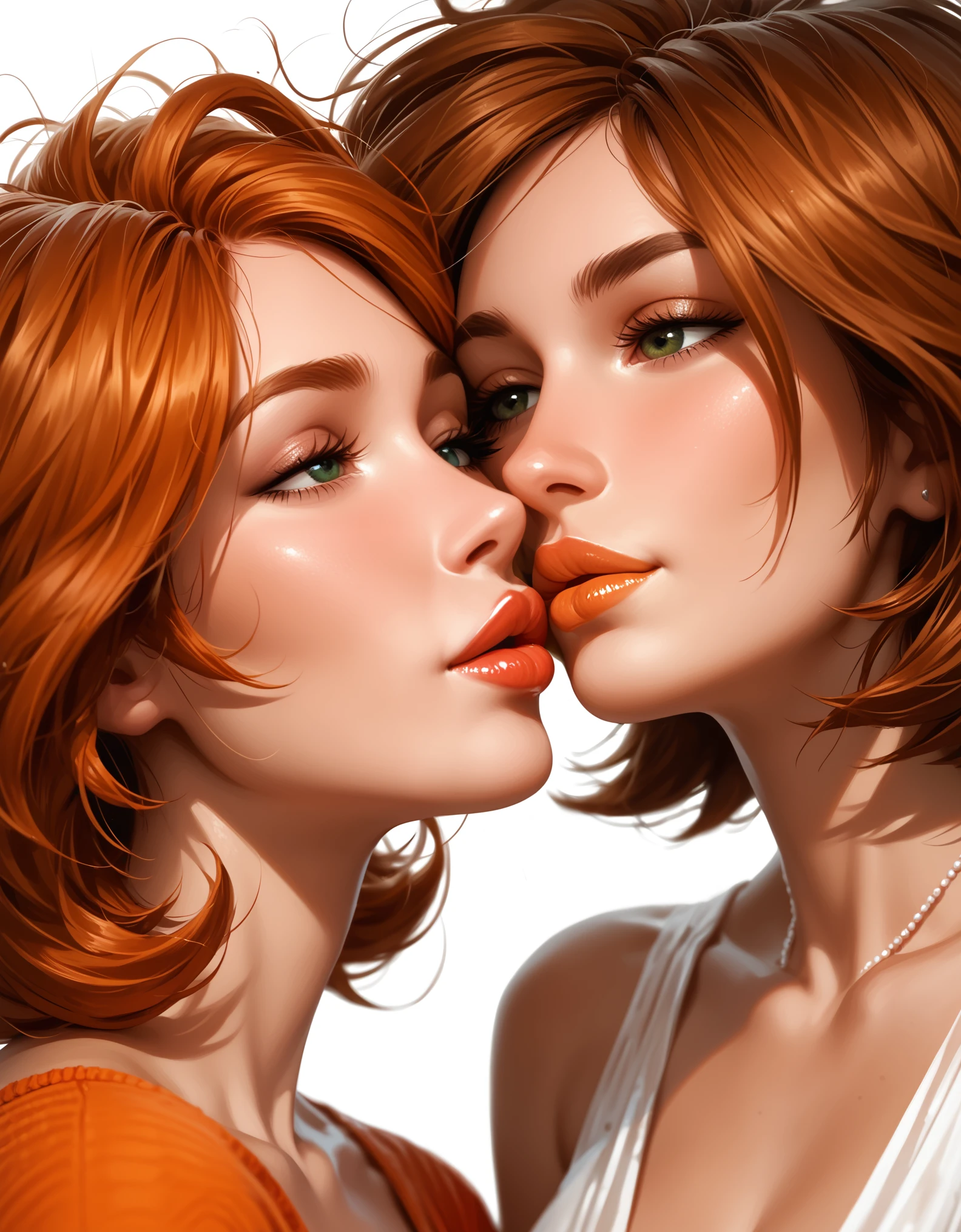 score_9, score_8_up, score_7_up, rating_questionable, epiCPhoto, 2girls, duo, couple, yuri, very sexy (Aunt Cass, brown hair, messy hair, short hair:1.2), and (annpossible, orange-red hair, short hair:1.3), (focus on lips, after the kiss, lips close together:1.5), beautiful, graceful, elegant, beautiful scene, soft romantic lighting, in love, loving look on their faces, flirt, gaze, sexy look, half-closed eyes, head tilt, filled lips, thick lips, makeup, dark, moody, (dimly lit:1.4), face portrait, close-up shot, highly detailed, sexy scene, absurdres, 4k, masterpiece, best quality.