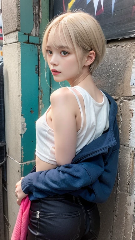 ((Are standing)) , (Hands on knees) , Leaning forward , masterpiece , Highest quality , Very detailed , (15-year-old female)、Blonde、Short Hair、Earrings