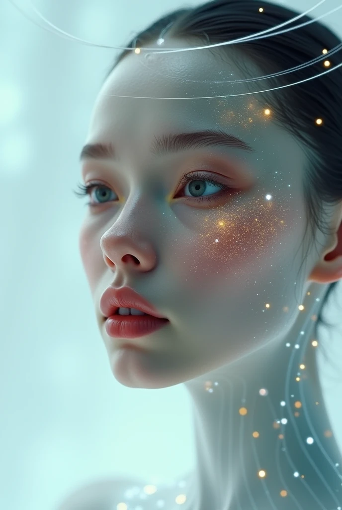 mecha-girl,Futuristic virtual holographic digital image background,(Doubleexposure:1.8),Complex illustrations in surrealist art style,Surreal dreams,Incognito as a virtual hologram person,Transparent people,Virtual holographic digital image
