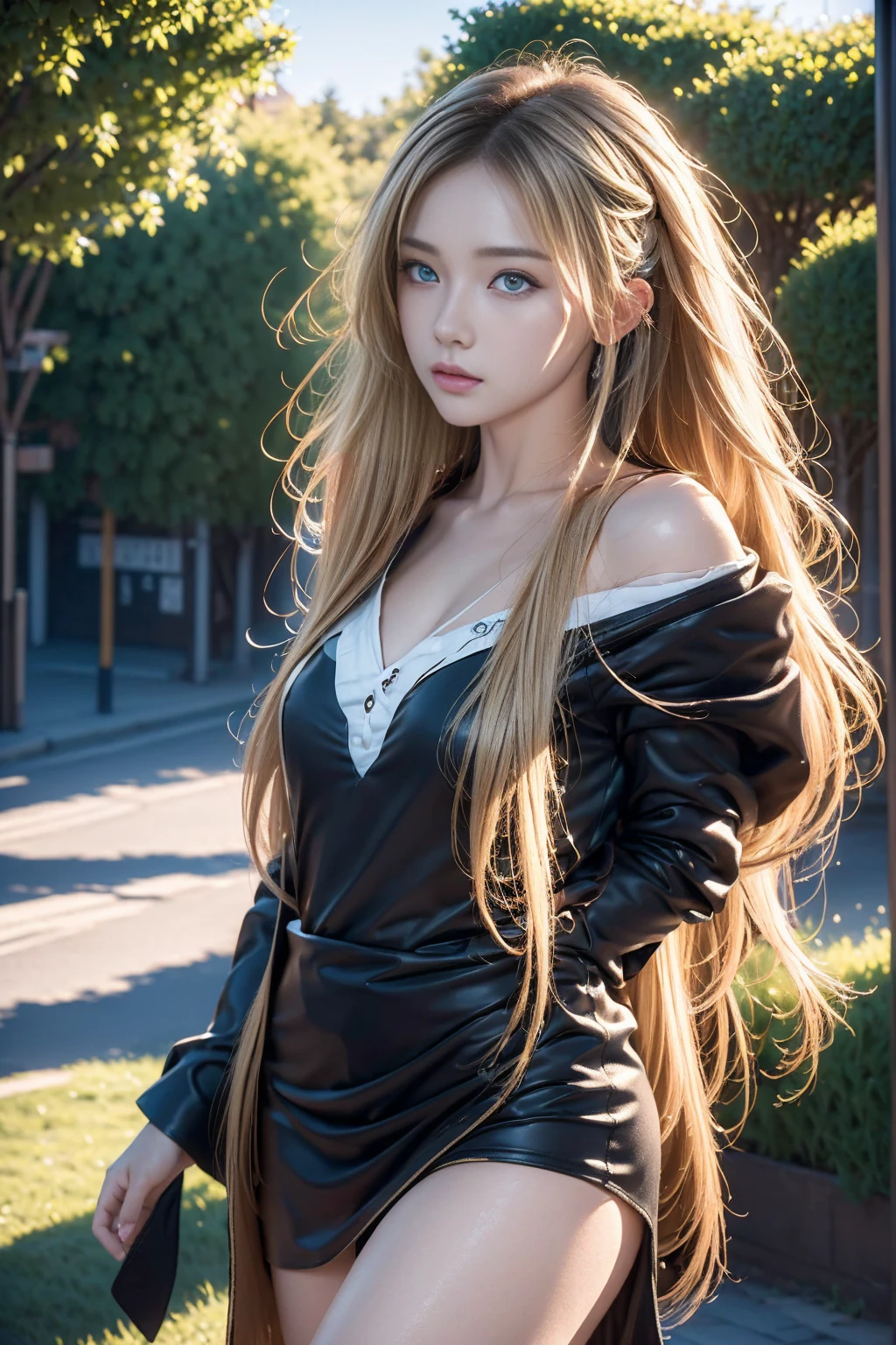 "((Beautiful picture, Best quality, k hd, Excellent depiction, Beautiful standing painting, outside,parks, It's exciting), (girl with super long hair+blond girl:1.2), Unique temperament, ssmile, Exudes fragrance,Scottish style folding skirt,) "
