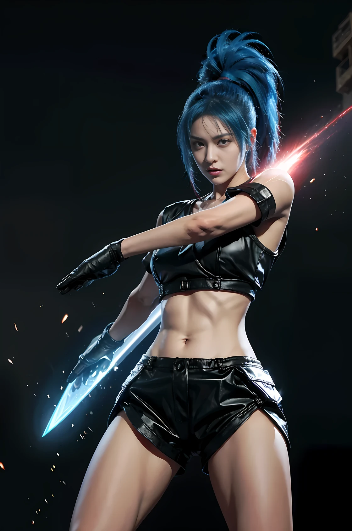 Leona Heidern, a prominent character from the King of Fighters series, standing tall and majestic, her usually blue hair transformed into a fiery red hue. Her hair has taken on a more dynamic form, with spikes now adorning her ponytail that sweeps dramatically over her left shoulder. Her once damaged and disfigured hand is now a symbol of power and beauty. Where there was once ugliness, she has grown a new, unblemished finger, which she now uses to pull out an energy sword that was previously embedded in her palm. The energy sword, a glowing blue blade, emerges effortlessly from her now-perfect hand as she extends her arm forward. Her intense gaze is focused on the viewer, filled with determination and the promise of unyielding combat prowess. The transformation from a moment of weakness to one of strength is palpable, as the light from the energy sword reflects off her gleaming armor, highlighting the sharp angles and intricate details of her attire. The background is a blur of movement, suggesting a battle-worn stage, which she now stands victorious upon. Her stance is strong and her grip on the sword firm, as if daring any challenger to approach. The overall visual is a striking contrast of vibrant colors, from the red of her hair to the blue of the energy sword, symbolizing the powerful metamorphosis she has undergone.