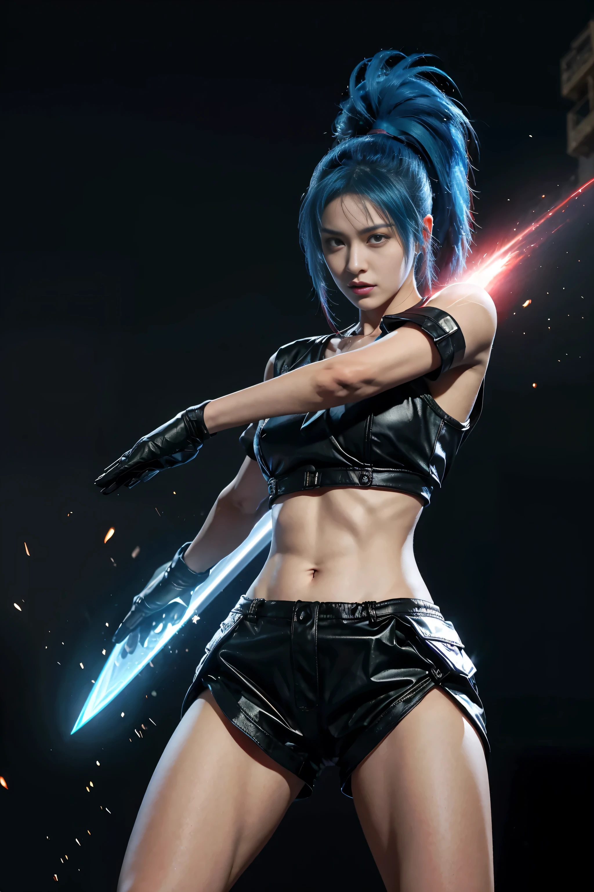 Leona Heidern, a prominent character from the King of Fighters series, standing tall and majestic, her usually blue hair transformed into a fiery red hue. Her hair has taken on a more dynamic form, with spikes now adorning her ponytail that sweeps dramatically over her left shoulder. Her once damaged and disfigured hand is now a symbol of power and beauty. Where there was once ugliness, she has grown a new, unblemished finger, which she now uses to pull out an energy sword that was previously embedded in her palm. The energy sword, a glowing blue blade, emerges effortlessly from her now-perfect hand as she extends her arm forward. Her intense gaze is focused on the viewer, filled with determination and the promise of unyielding combat prowess. The transformation from a moment of weakness to one of strength is palpable, as the light from the energy sword reflects off her gleaming armor, highlighting the sharp angles and intricate details of her attire. The background is a blur of movement, suggesting a battle-worn stage, which she now stands victorious upon. Her stance is strong and her grip on the sword firm, as if daring any challenger to approach. The overall visual is a striking contrast of vibrant colors, from the red of her hair to the blue of the energy sword, symbolizing the powerful metamorphosis she has undergone.