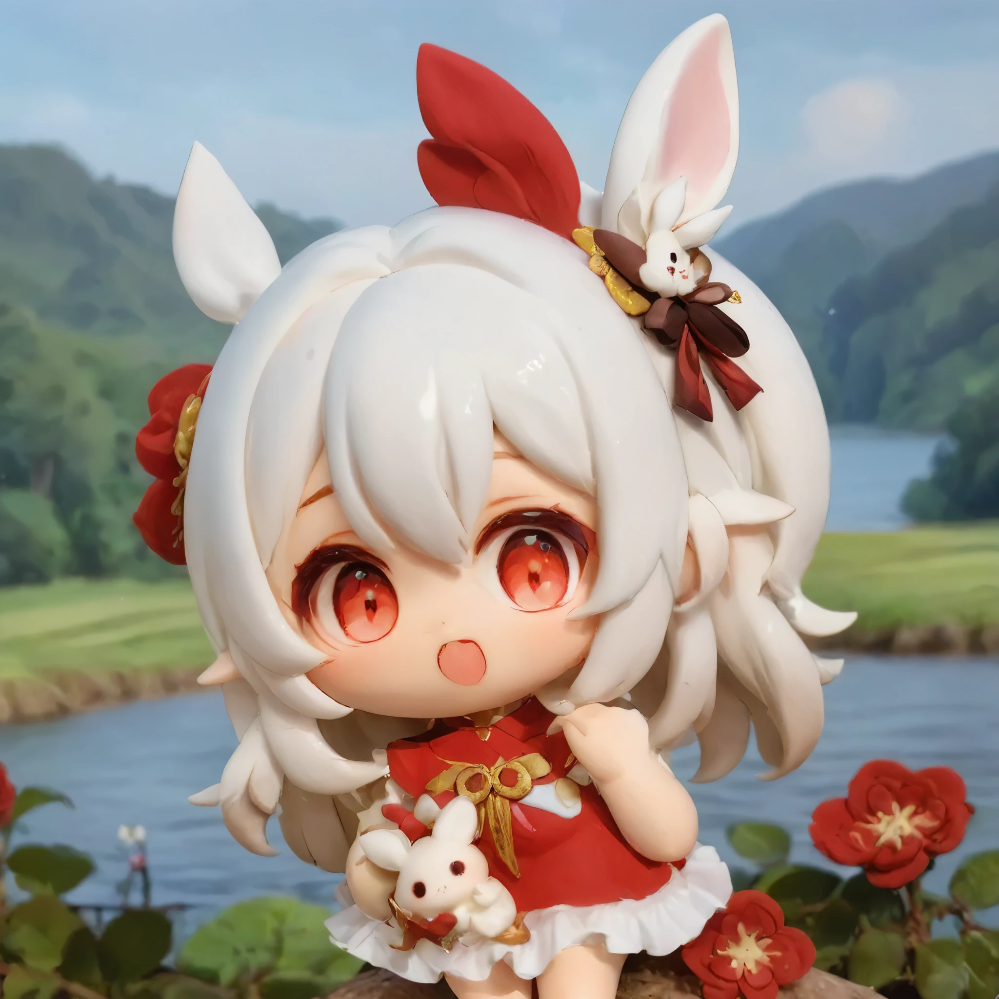 8k,wallpaper of extremely detailed CG unit, ​masterpiece, high resolution, top-quality, top-quality real texture skin, hyper realistic, digital painting, increase the resolution, RAW photos, best quality, highly detailed, the wallpaper, BREAK ,solo,1girl\((chibi:1.5),cute,kawaii,small kid,(white hair:1.4),(very long hair:1.6),bangs,(ear\(fluffy,white,rabbit-ear\):1.4),red eye,big eye,beautiful shiny eye,skin color white,big hairbow,(white frilled dress:1.3),breast,cute pose,clay\),background\(some roses,by the beautiful lake,beautiful sunny day\),clay animation,3d,oily,landscape