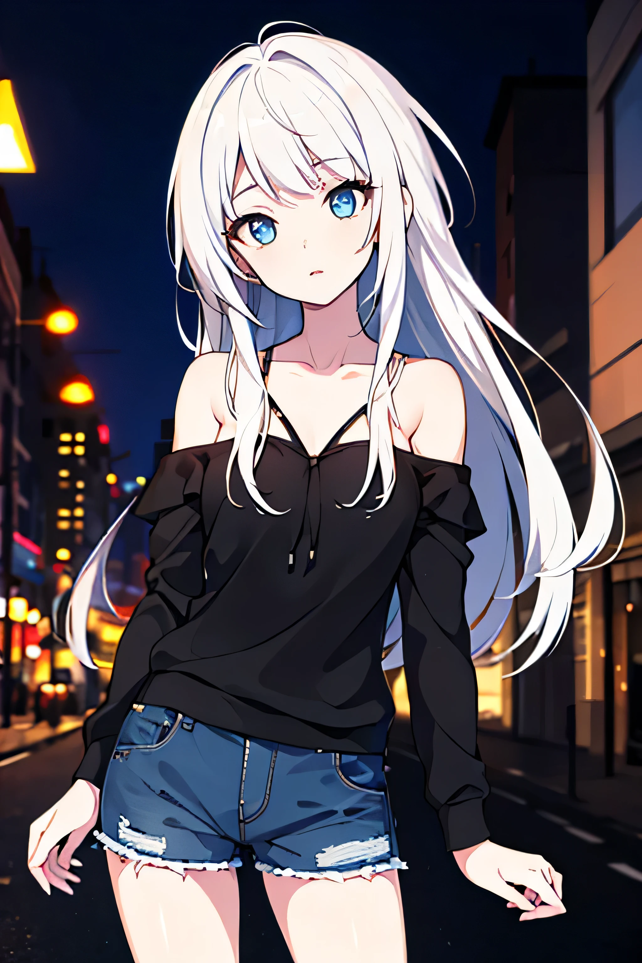 (masterpiece), (best quality), (highest Quality), (Ultra detailed), (highest Resolution), 8K, High definition RAW color art, holographic, anime style, beautiful face, ((ultra detailed face)), (deep blue eyes:1.4), (solo), beautiful and detailed eyes, looking at viewer, bishoujo, lady, hoodie, long jeans, cowboy shot, high legs, (bare legs:1.2), (off shoulder:1.4), (white hair:1.4), (long hair:1.4), (straight hair:1.4), slender, thin body, thin arms, thin legs, long arms, long legs, street, urban, city, night
