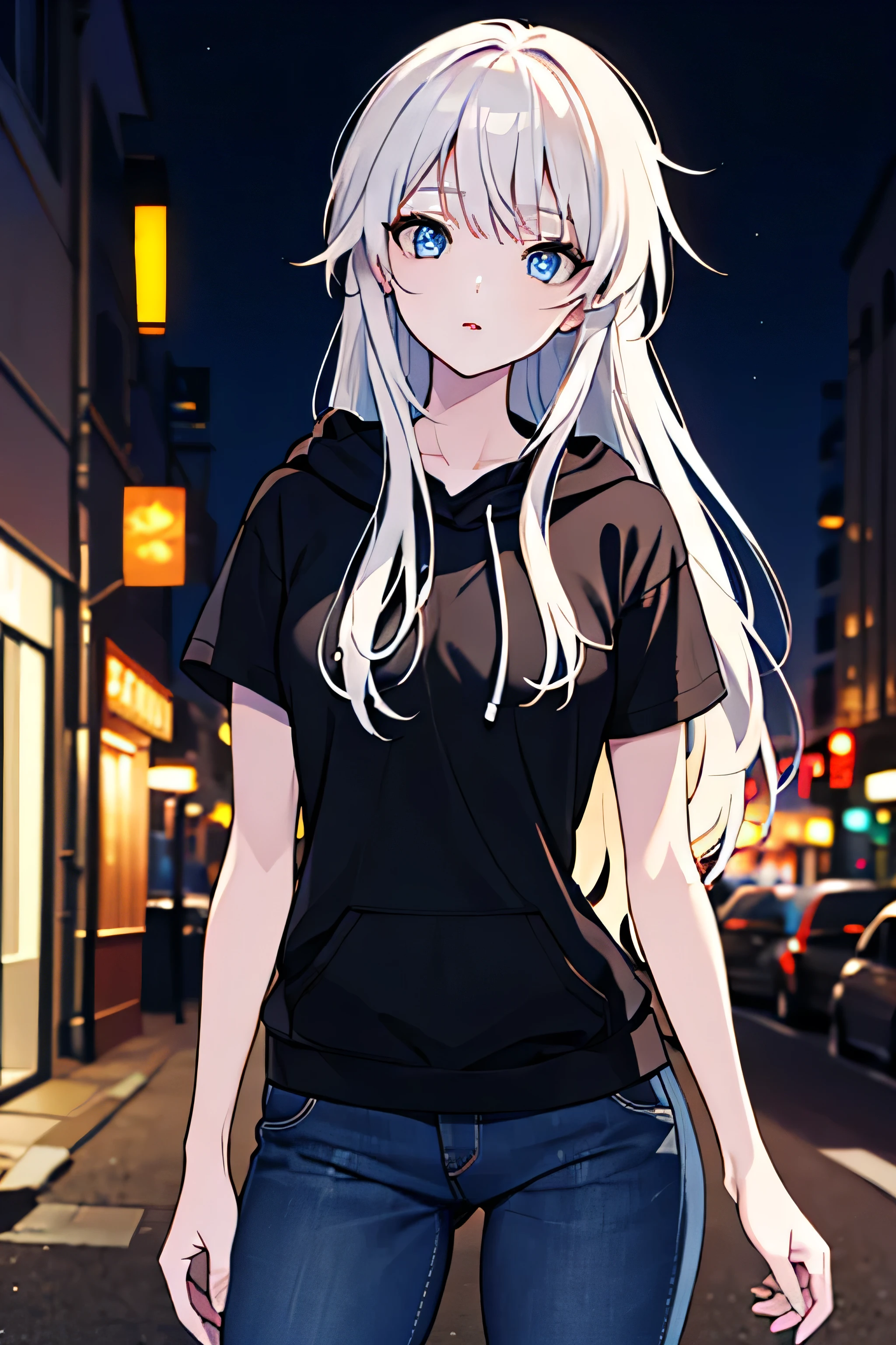 (masterpiece), (best quality), (highest Quality), (Ultra detailed), (highest Resolution), 8K, High definition RAW color art, holographic, anime style, beautiful face, ((ultra detailed face)), (deep blue eyes:1.4), (solo), beautiful and detailed eyes, looking at viewer, bishoujo, lady, hoodie, long jeans, cowboy shot, (bare legs:1.2), (white hair:1.4), (long hair:1.4), (straight hair:1.4), slender, thin body, thin arms, thin legs, long arms, long legs, street, urban, city, night