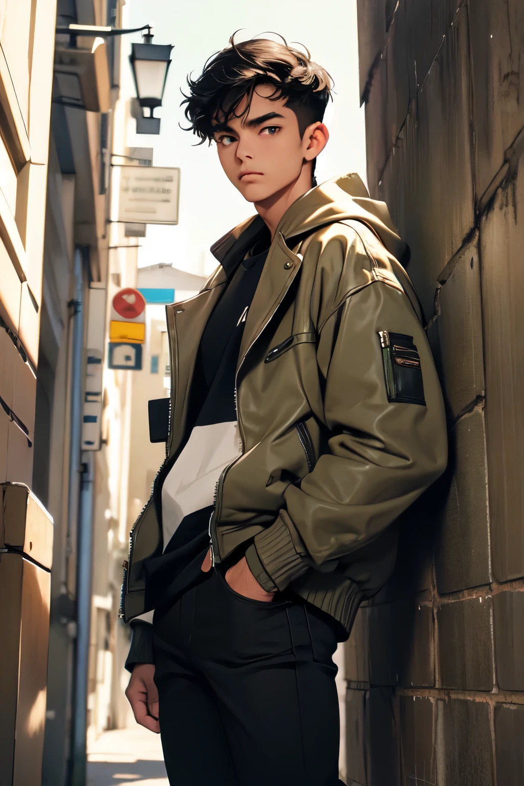 full body shot, Highest quality, 8k, High resolution, One man, High-quality texture, Intricate details, CG, High Quality Shadows, beautiful and delicate face, Beautiful details and a delicate eye, Written boundary depth, Ray Tracing, Age 25, cool, shy, Looking at the audience, (Dog Tags), (Jacket, Open clothes, open Jacket, Black Shirt), (Eye color is brown), (Brown Hair, short hair, bangs), (Layered Hairstyles), Be sure to add details to your clothes, full body shot, (sit on a chair and spread your legs:1.2)