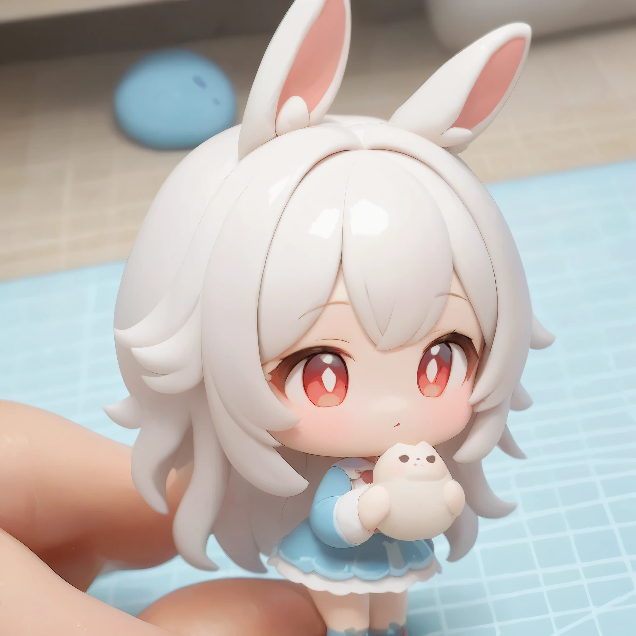 8k,wallpaper of extremely detailed CG unit, ​masterpiece, high resolution, top-quality, top-quality real texture skin, hyper realistic, digital painting, increase the resolution, RAW photos, best quality, highly detailed, the wallpaper, BREAK ,solo,1girl\((chibi:1.5),cute,kawaii,(white hair:1.4),(very long hair:1.6),bangs,(ear\(fluffy,white,rabbit-ear\):1.4),red eye,big eye,beautiful shiny eye,skin color white,big hairbow,(white frilled dress:1.3),breast,cute pose,clay\),background\(some roses,by the beautiful lake,beautiful sunny day\),clay animation,3d,oily,landscape