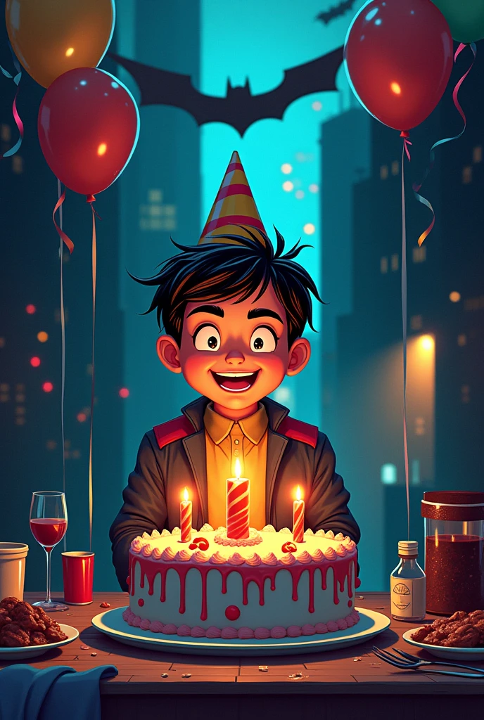 Can u generate an adult man with glasses  and glasses anime version blowing out candles on a birthday cake