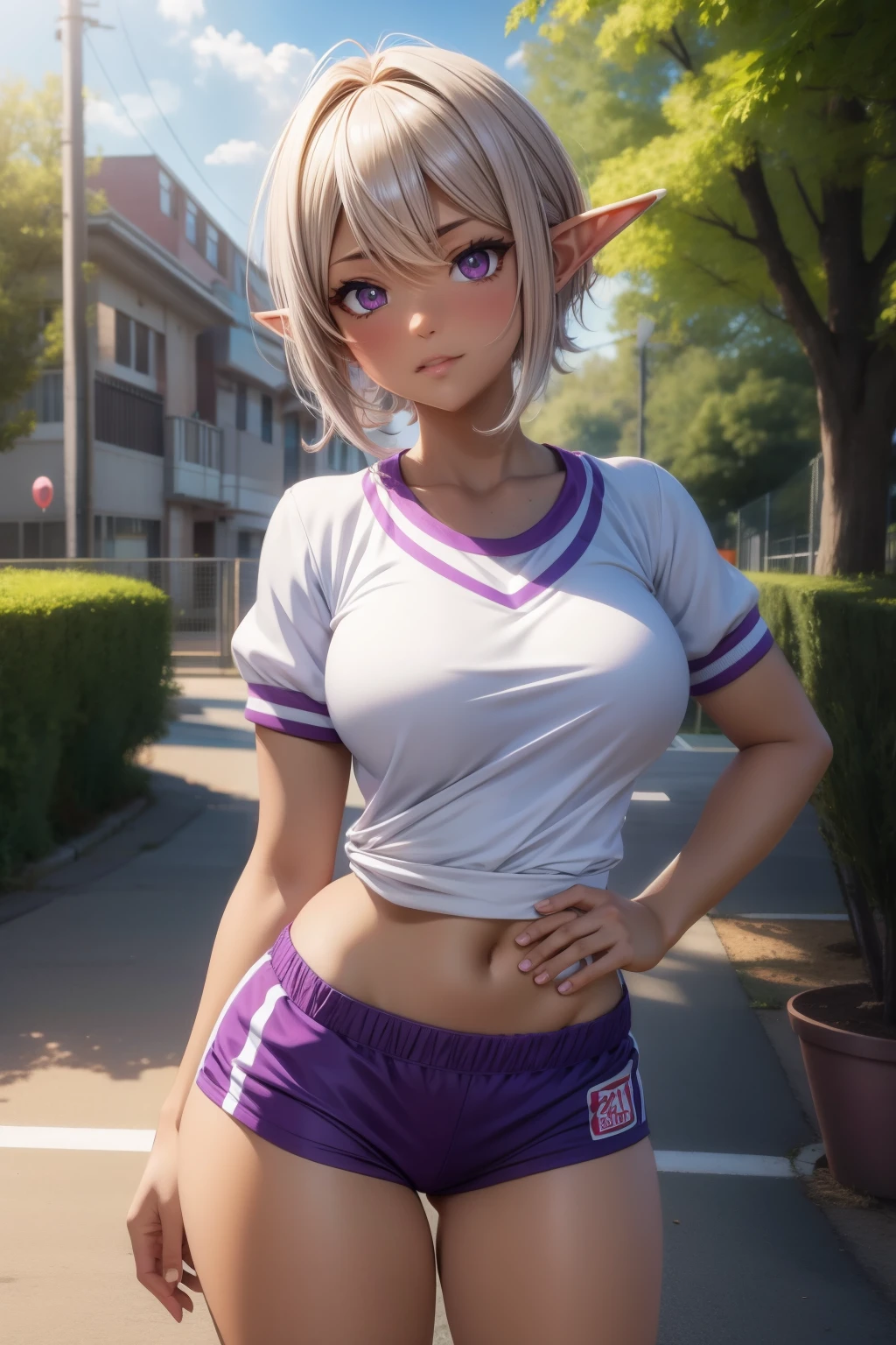 A dark tanned gyaru elf girl with purple eyes, color contacts and white short hair, gyaru style, gym uniform, tomboy style, in a school yard, (best quality,4k,8k,highres,masterpiece:1.2), school scenery, bright lighting, vibrant colors, soft focus, anime style, gyaru accessories