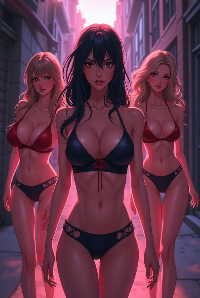 (Day, beach, Realistic Light, Best Quality, 8K, Masterpiece: 1.3)), Standing, Standing 5girl, perfect body curvy Beauty: 1.4, (Black Hair, Big Breasts: 1.3), (cleavage: 1.2), thong bikini, sexy bikini, bare body, sexy pose, Super Fine Face, Detailed Eyes, stylish hair, detailed hair, detailed eyes, pretty lips, anime style, highly detailed