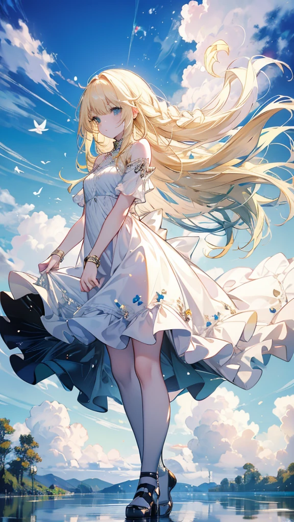 ,((highest quality))),8k,((masterpiece)),(Very sophisticated and beautiful), A completely naked girl emerges from the sea, The Swan Princess of Russian Mythology, Beautiful calm face, blue eyes, Long blonde hair braided, Moon braid at the back of the head, With a kokoshnik crown on his head、White and shiny old Russian see-through, Loving eyes, Half-laugh, A gentle expression appeared, Background seascape and sunlight, Seagulls in the sky, full length, realism,Completely naked