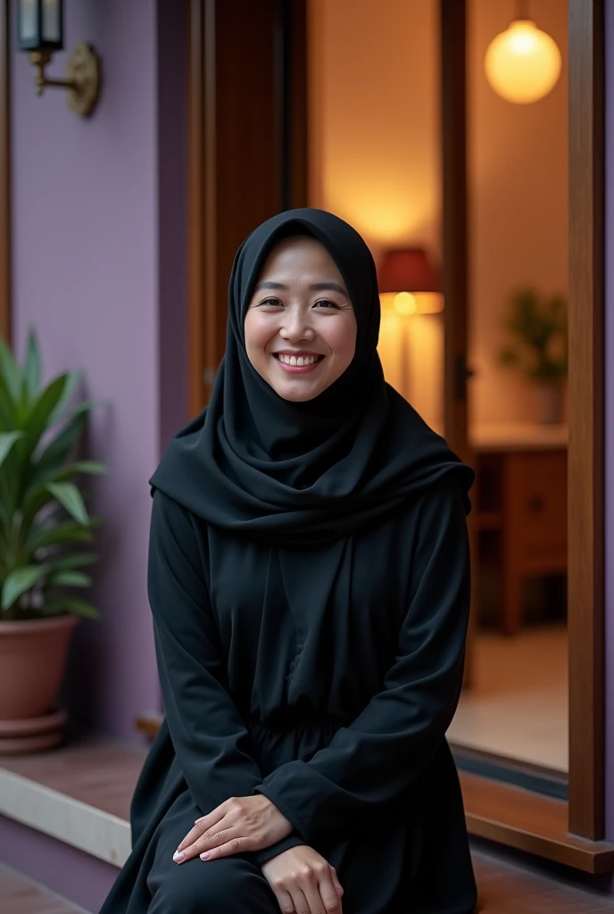 matured malay woman in hijab wearing  red color pajamas sleeping in bed portrait photography, lying in bed, mid shot photo, ultra detail, professional photograph with professional lighting, smile, light blue bed, bedroom,  seducing sleep pose, curvy