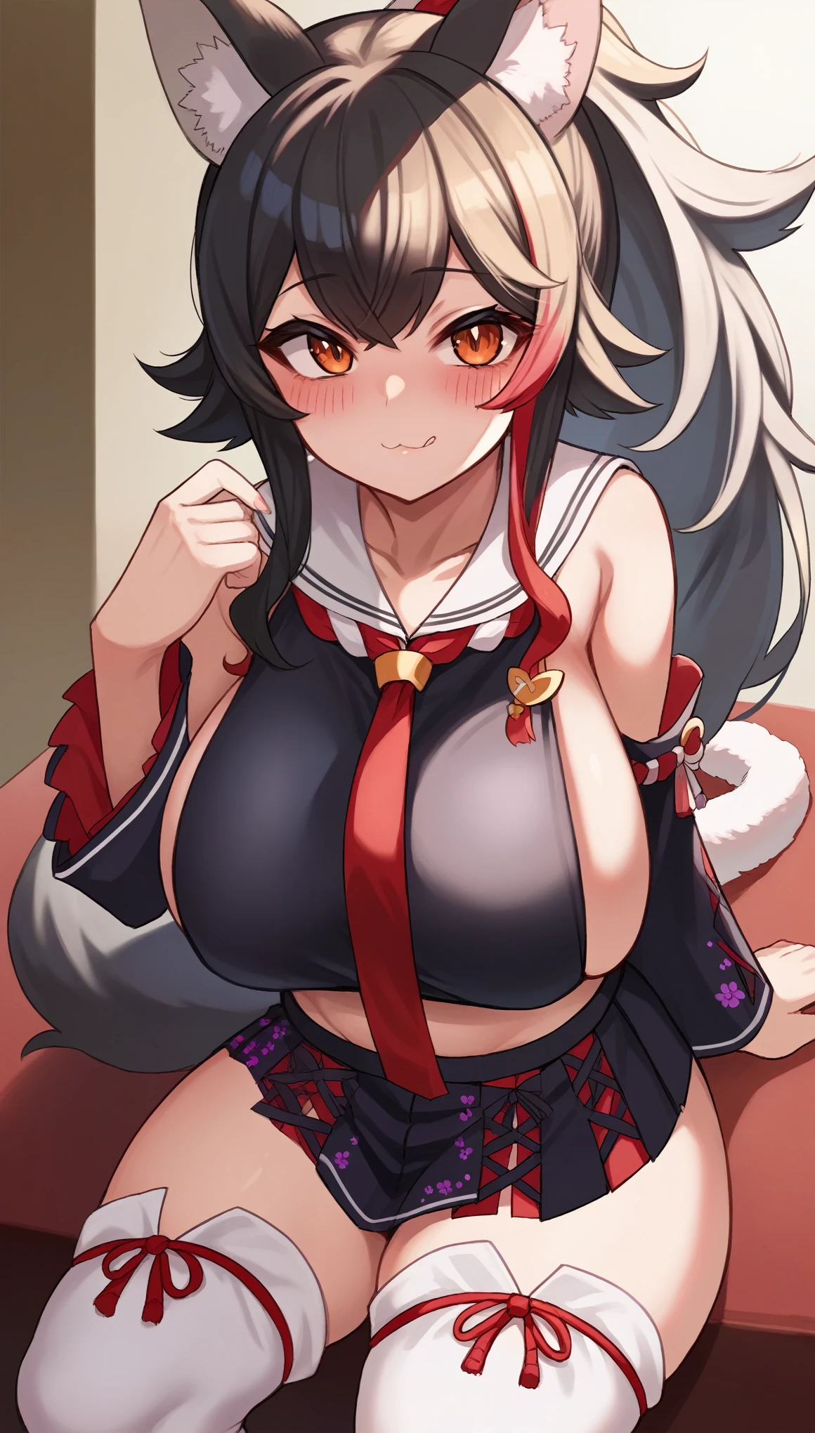 ((sexy girl, gyaru)), bimbo, cute, suggestive, pale skin, sagging gigantic breasts, big butts, thick thighs, huge tits, huge ass, big eyes, 
glamorous, blushing, flushed face, mio_base, hair ornament, sailor collar, red necktie, black shirt, black skirt, detached sleeves, midriff, kouhaku nawa, white thighhighs, tail wrap, tail around leg
Score_9,Score_8,score_7_up,source_anime, rating_questionable,