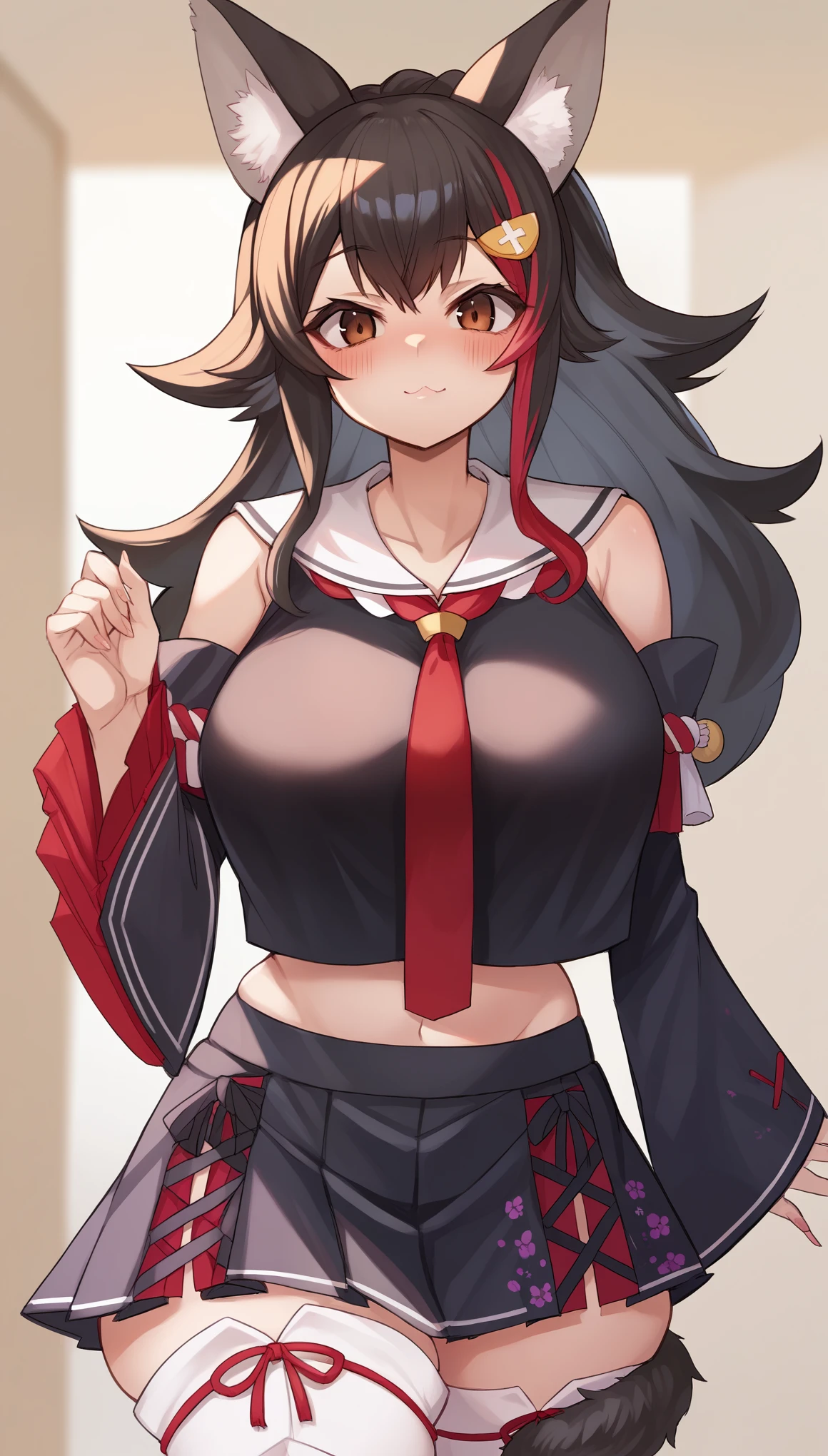 ((sexy girl, gyaru)), bimbo, cute, suggestive, pale skin, sagging gigantic breasts, big butts, thick thighs, huge tits, huge ass, big eyes, 
glamorous, blushing, flushed face, mio_base, hair ornament, sailor collar, red necktie, black shirt, black skirt, detached sleeves, midriff, kouhaku nawa, white thighhighs, tail wrap, tail around leg
Score_9,Score_8,score_7_up,source_anime, rating_questionable,