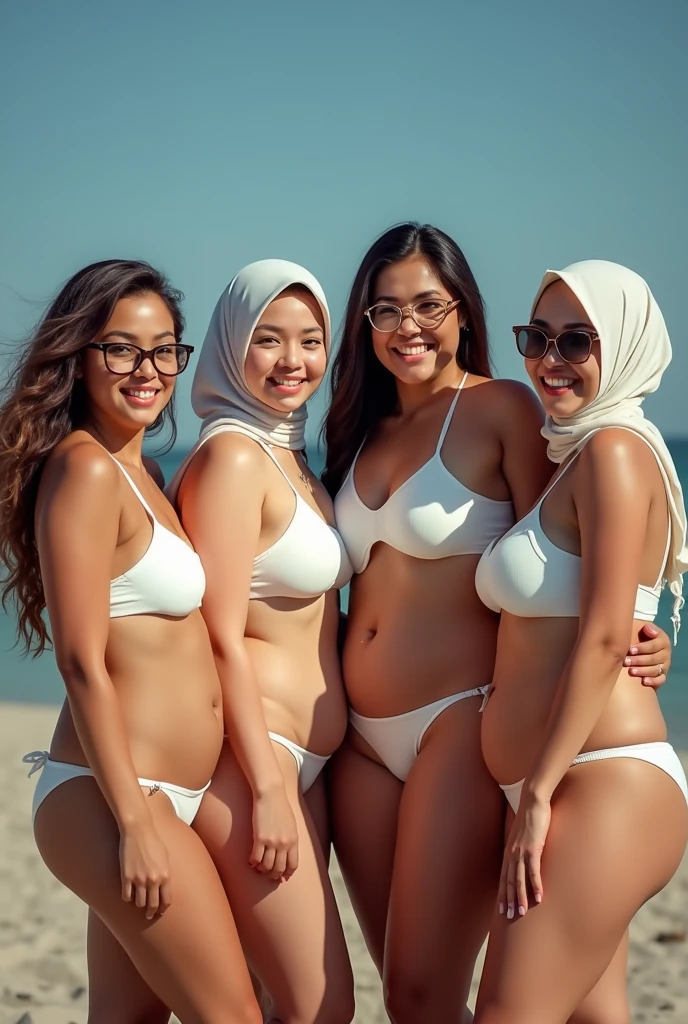 Group of muslim women in bikini enjoying weather outside 