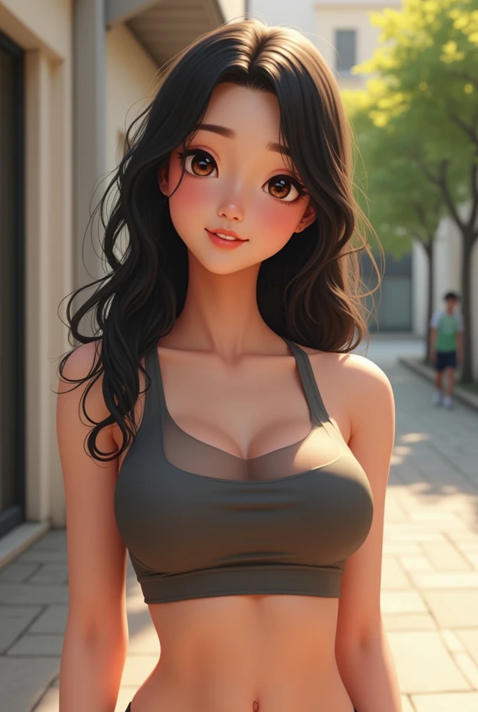 A beautiful Asian girl, 18years old, with thick black hair pony tail, no bang, white skin, thick lips, tall nose, brown eyes long eyelashes, angel face, eleven pack abs , big bust and hips, wearing casual clothes.