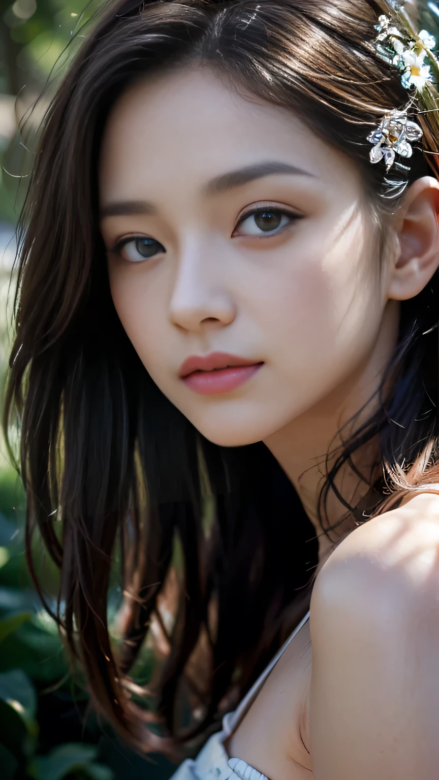 ((sfw:1.5))、( masterpiece, Best Quality, Best Quality,8k,Girl,Super detailed,RAW Photos:1.5),(Photorealistic:1.4), (Cinema Lighting), Perfect NwsjMajic, , Surrealism, Ultra-high resolution, Accurate, Super detailed, Textured skin, high detail, Best Quality, Dynamic Angle, White skin,[Beautiful Blue Eyes], High nose,[Flat Chest:Large Breasts:0.5],(One girl),((Excellent anatomy:0.5)),(Covered with flowers:1.4), Night Sky, Interested in, Fire and Ice, (The image is divided into two parts，Available in a variety of colors:2), Blue eyes, sapphire, Liquid Metal, Night Sky, (Look at the angle:1.3), (Fire and Ice), ((Bottom Chrome)), (hairpin:1.4), (forest:1.3), (fog: 1.3), Subtle colors and tones, Mysterious Aura ,Dreamy atmosphere,Expressive brushwork, Mysterious atmosphere, Artistic interpretation, Upper Body, Long Hair Information
