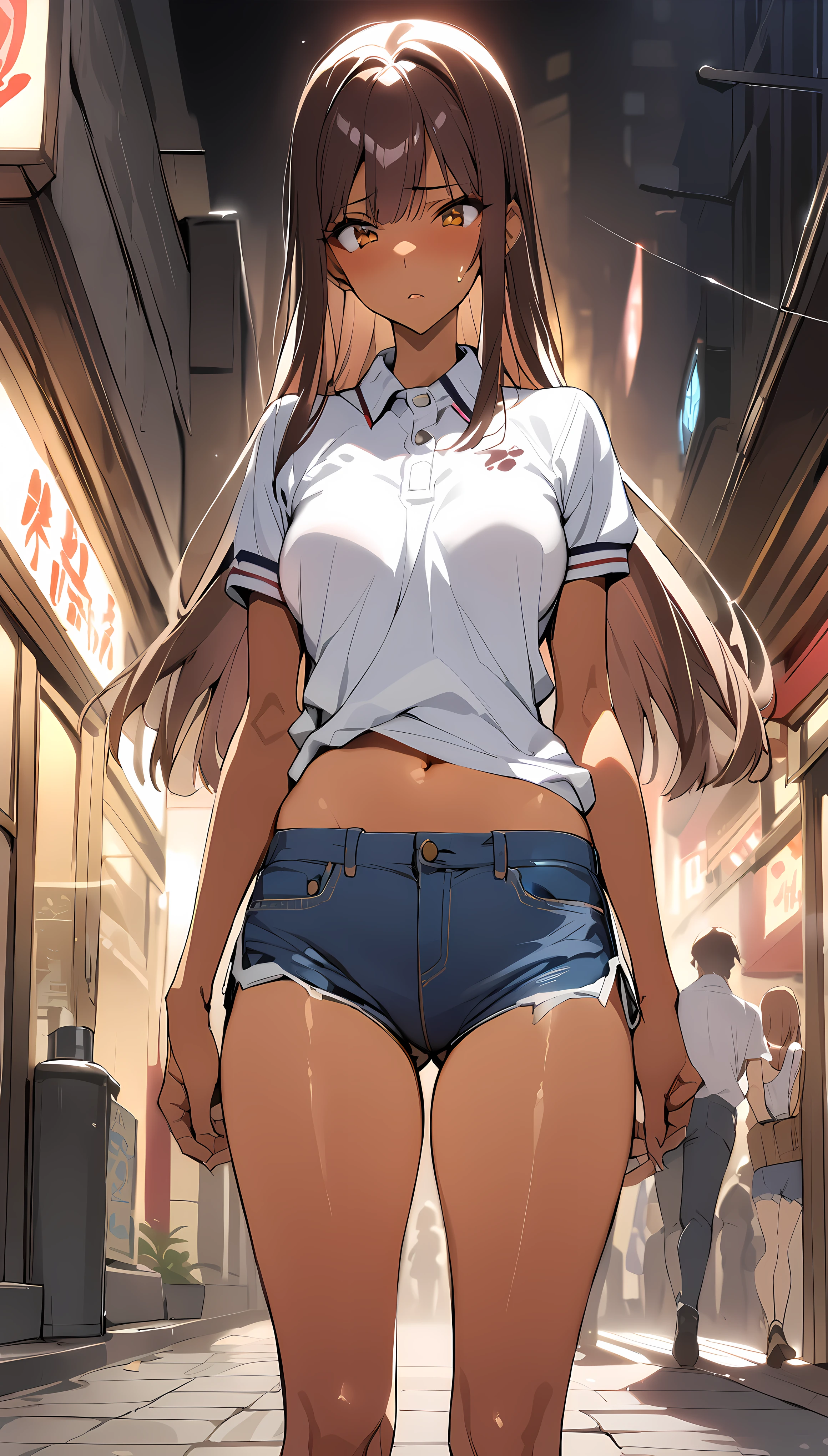 (( 1girl in)), NSFW、blush,(well-muscled)、Brown skin、Golden hair、The eyes are blue、double tooth、((big butts))、(((thick thighs)))、Sweat、:D、Long hair、((Unkempt hair))、School uniform、Red mini skirt、blues kajan、(Light blue striped panties)、In the street、((Panchira))、