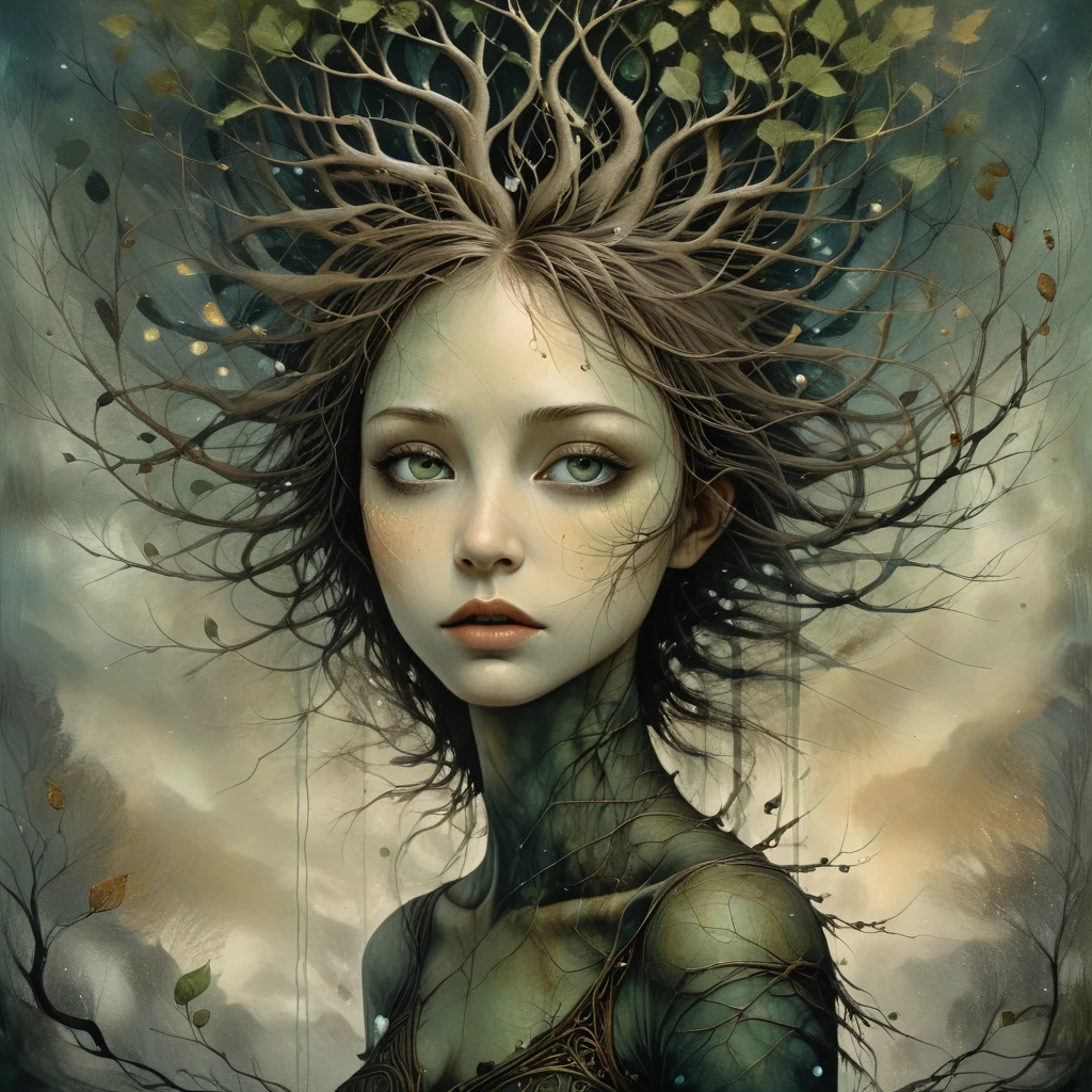 oil and acrylic painting. In the style of Andy Kehoe, Dave McKean. A young woman is the tree of life. Her hair are branches moving through the sky like blown glass tubes, her legs are the roots, big and strong sinking into the earth and sinking like drops of ink into water. dark blond hair, gray-green eyes, pale pink lips. detailed face, beautiful eyes, long eyelashes, elegant expression, medieval fantasy landscape, dramatic lighting, moody atmosphere, cinematic composition, digital painting, highly detailed, photorealistic, dramatic lighting, complementary color scheme, intricate details, epic scale, dramatic mood
