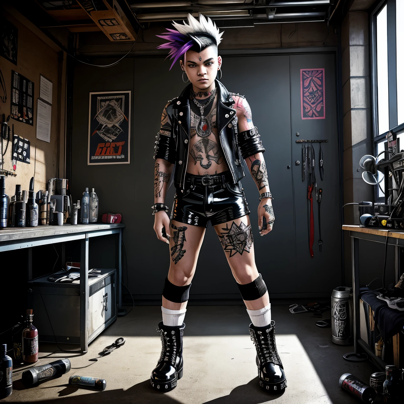 full body view, A hq photograph , spirit of the 2000s punk rock era. A very young tattoo male artist, multiple huge piercings and bold tattoos, in cluttered workshop, wearing latex shiny jacket and shorts, white high loose socks, leather steel cap toe boots, short spiked mohawk hair, lots silver rings and glittering jewelery.Background various tattoo machines, ink bottles, sketches of potential tattoos. Overall ambiance is grungy and raw, rebellious spirit of punk rock culture. Long white loose socks and silver rings must be seen