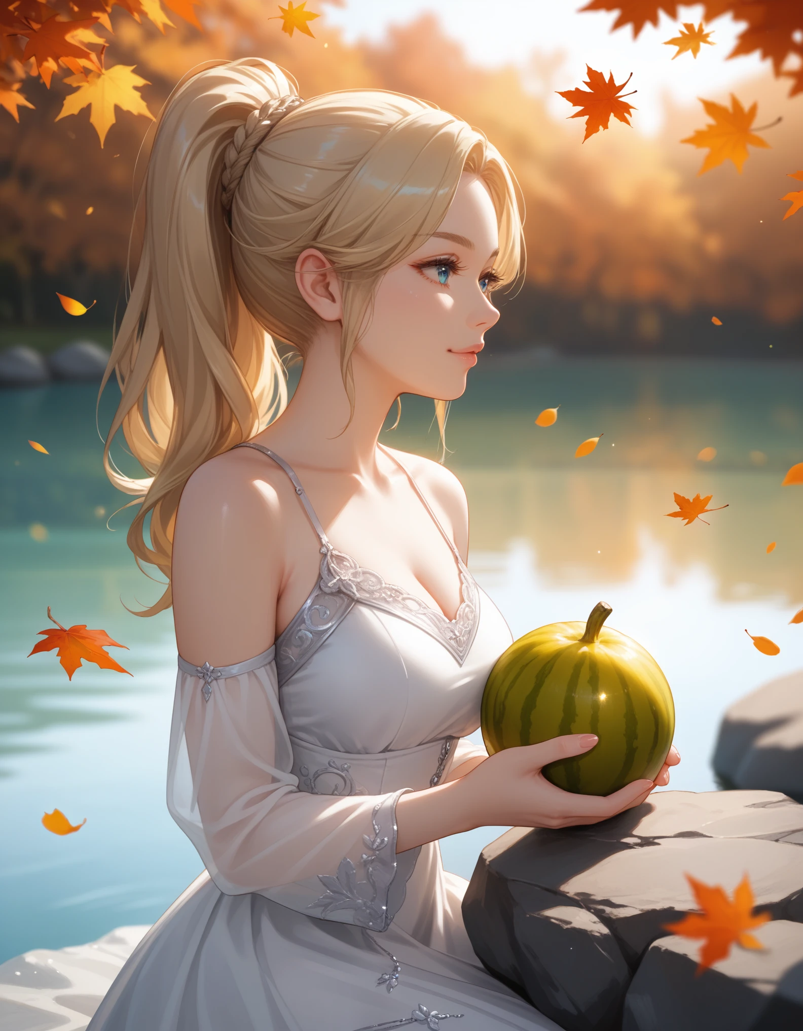 score_9, score_8_up, score_7_up, 1girl, solo, close-up portrait, gentle woman, ponytail, blonde hair, autumn leaves, beautiful eyes, flowing velvet dress with silver embroidery, (holding a big melon slice), (sitting on a rock), autumn lake, golden sunlight, soft bokeh.