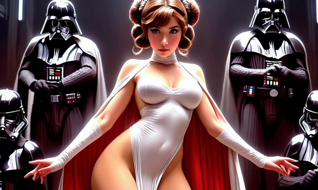 Hitomi Tanaka as Princess Leia, (translucent white sheer gown extremely revealing, iconic side bun hairdo,) she is receiving hard anal sex from huge dick stormtroopers, on a space station (anal gang bang, anal penetration)
