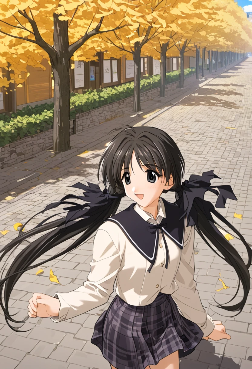 Shirakawa Hotaru,Ginkgo Tree Line,Cobblestones,wind, autumn uniform, black hair ribbon, long sleeves,plaid skirt,