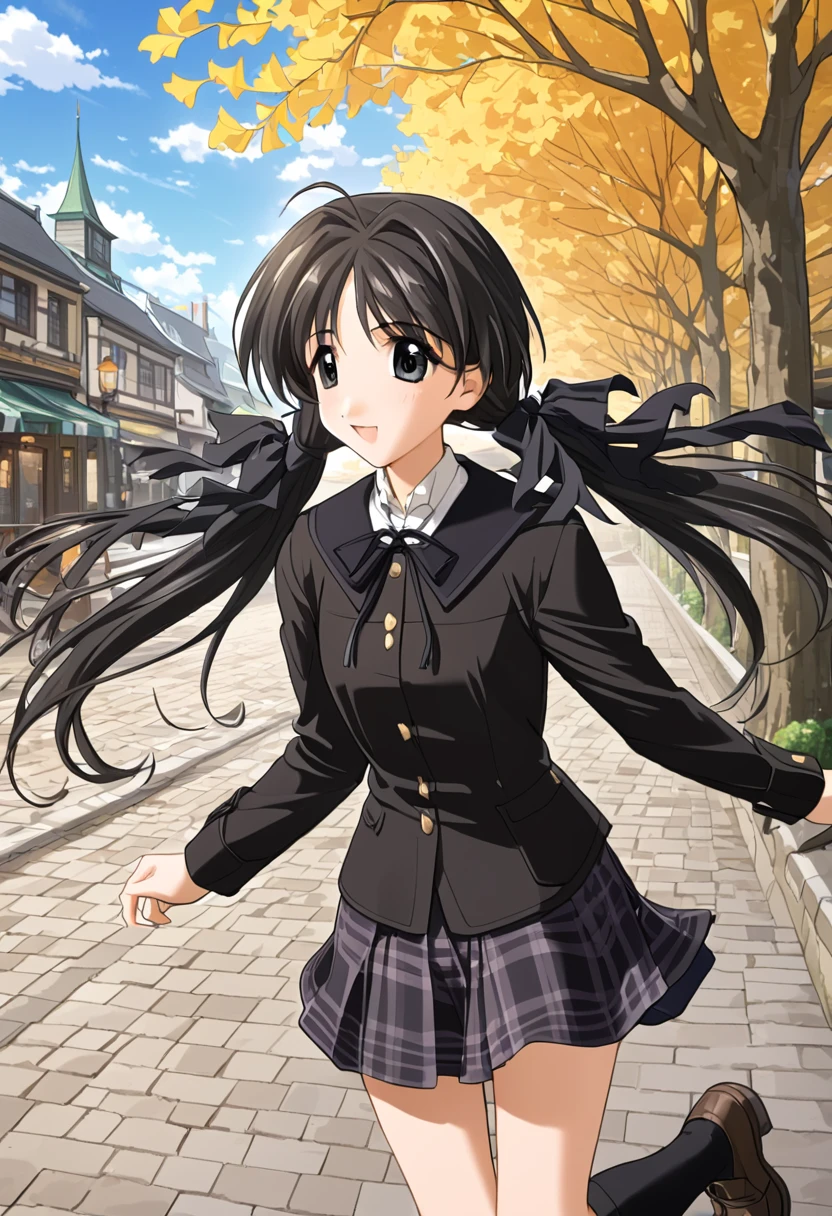 Shirakawa Hotaru,Ginkgo Tree Line,Cobblestones,wind, autumn uniform, black hair ribbon, long sleeves,plaid skirt,