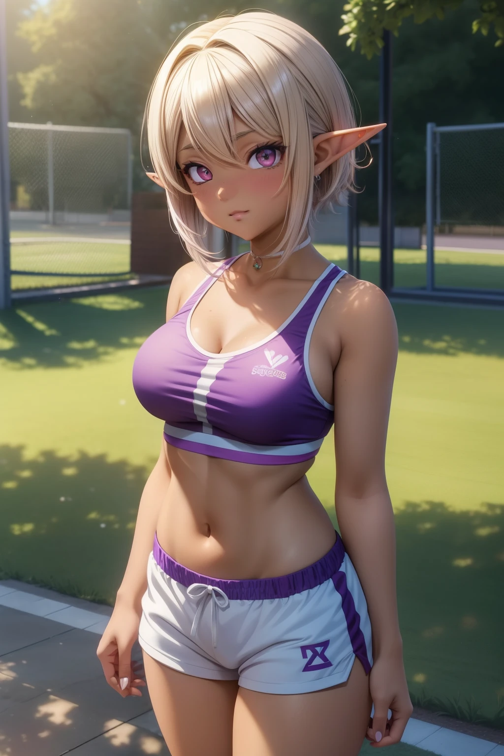 A dark tanned gyaru elf girl with purple eyes, color contacts and white short hair, gyaru style, gym uniform, tomboy style, in a school yard, small breasts (best quality,4k,8k,highres,masterpiece:1.2), school scenery, bright lighting, vibrant colors, soft focus, anime style, gyaru accessories