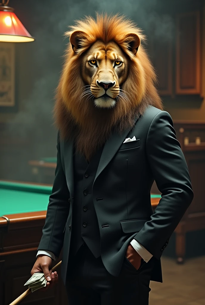 photorealistic, high contrast, 8k HD, detailed, hyper-detailed, best quality, ultra high res, raw photo, dramatic lighting , highly detailed, 8k, Zeiss 150mm f/2.8 , photography , portrait of a lion dressed suit and tie sitting at a table in a bar with a bar stools, hold and smoke cigar , award winning photography, Elke vogelsang ,inc centered ,sharp focus , cinematic light , detailed fur ,