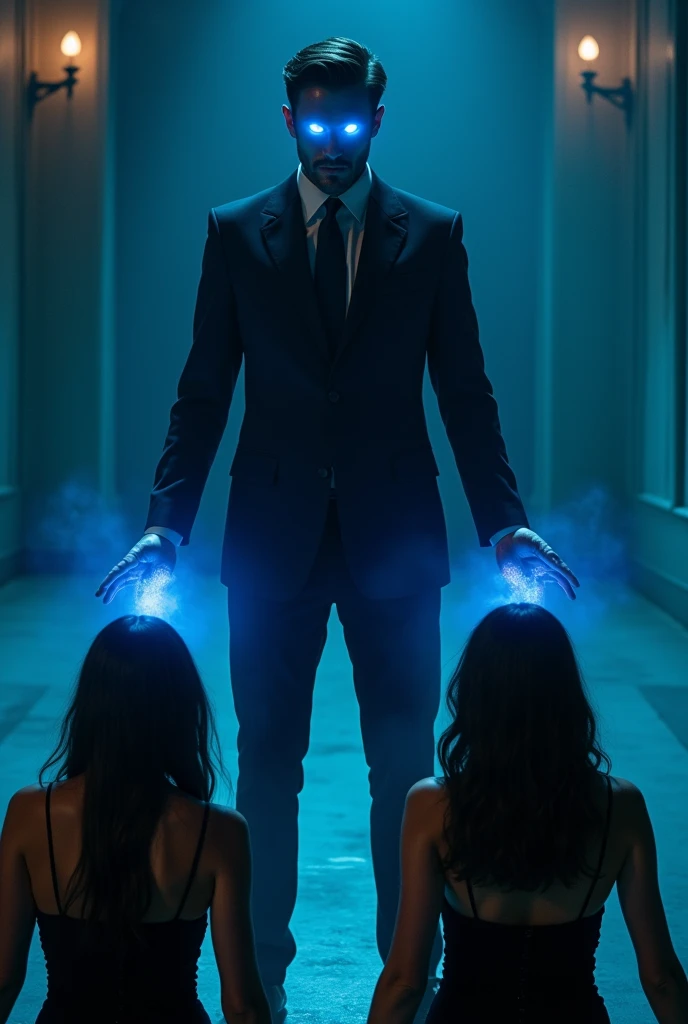 (A ( handsome man , black suit , Magical glowing blue eyes , fighting two beautiful girls they are wearing short mini black backless dress holding guns,they got Hypnotized when they see into his eyes ,thees eyes also start glowing like the man
( Then girls sit on knees there head is down tilted forward ,the man is putting his hands on their heads his hands glowing light blue)
