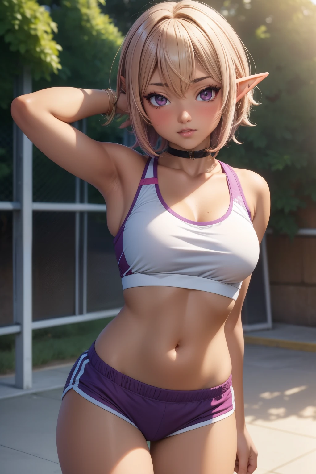 A dark tanned gyaru elf girl with deep purple eyes, color contacts and white short hair, gyaru style, gym uniform, tomboy style, in a school yard, small breasts (best quality,4k,8k,highres,masterpiece:1.2), school scenery, bright lighting, vibrant colors, soft focus, anime style, small breasts, shy, blushing.