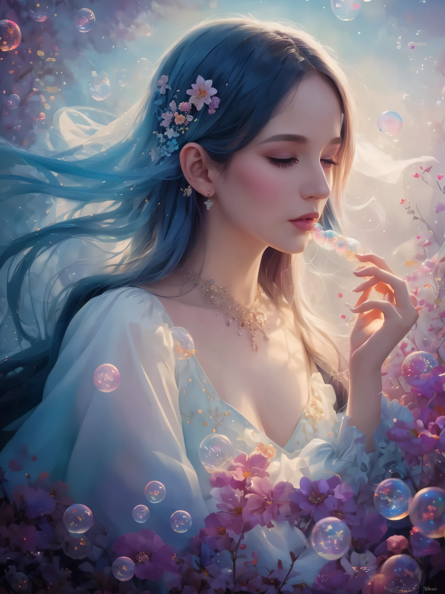 a painting of a woman in a dress blowing bubbles, lazy and whoa, ethereal bubbles, mœbius + lazy + whoa, dreamy and detailed, intricate whoa, fantasy closeup with water magic, fairy tale art, fairytale painting, in style of anna dittmann, whoa art, realistic fantasy painting, artgerm julie bell beeple